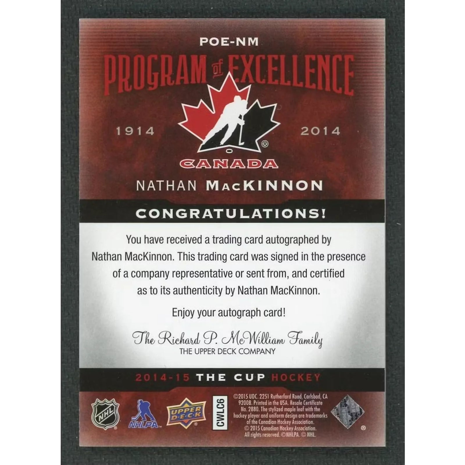 Nathan MacKinnon Signed 2014-15 The Cup Card | Program of Excellence Auto