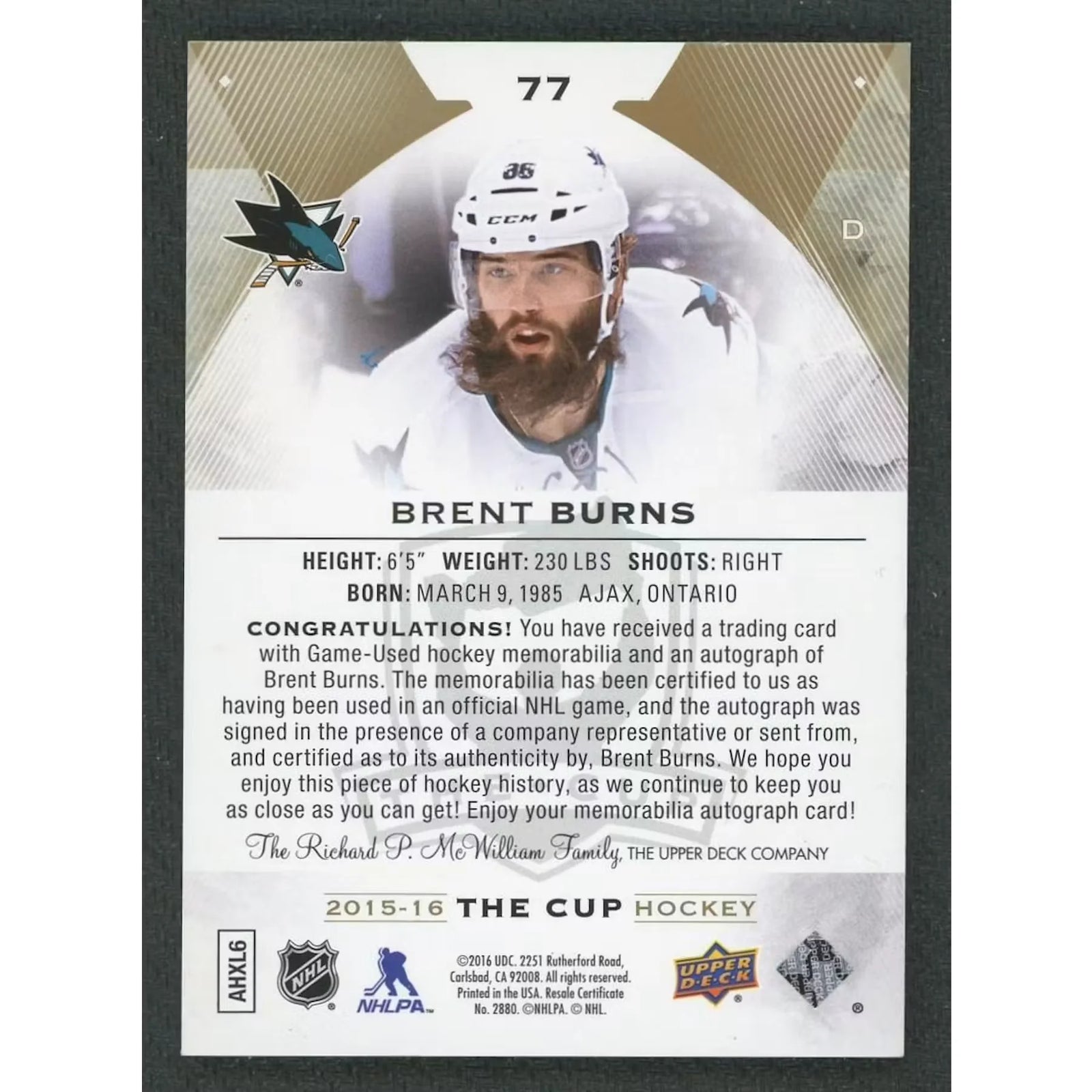 Brent Burns Signed 2015-16 The Cup Gold Patch Auto |/8