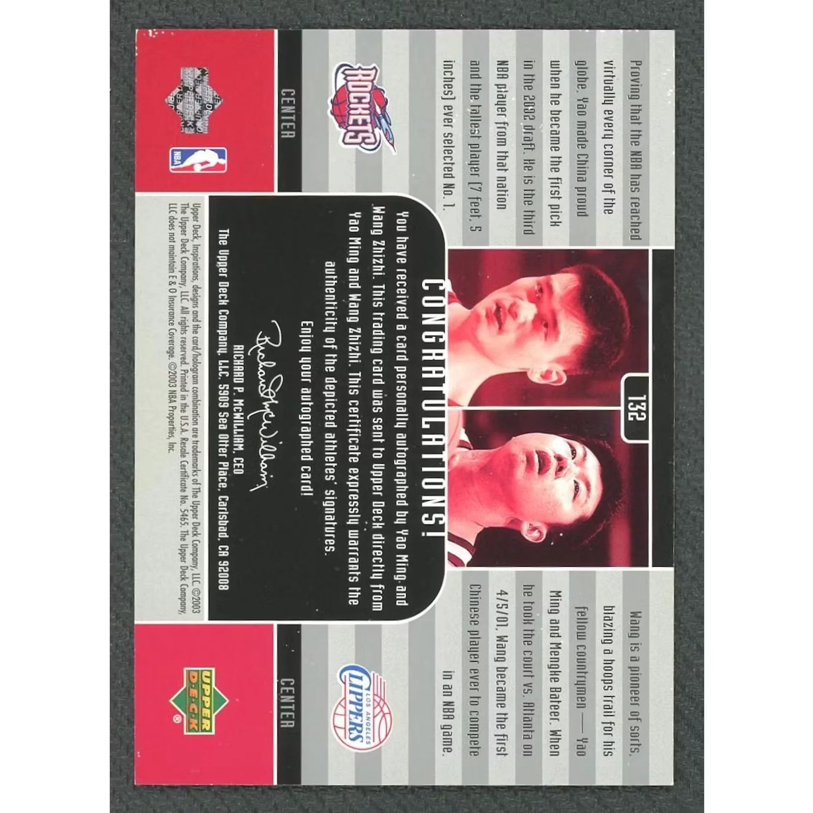 Yao Ming Wang Zhizhi Signed 2002-03 Upper Deck Inspirations Rookie Card | Dual Auto