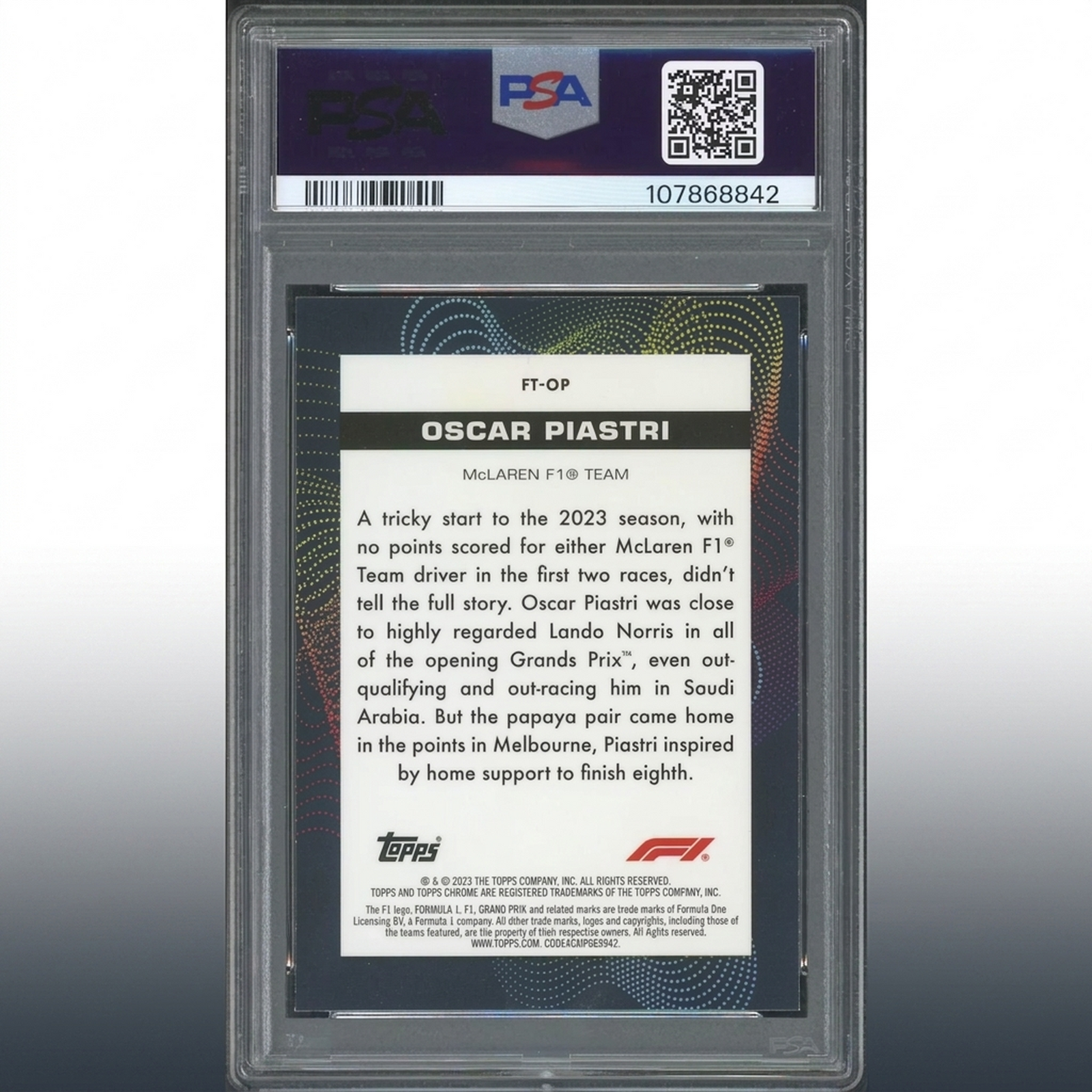 Oscar Piastri Signed 2023 Topps Chrome F1 Futuro Rookie | PSA 10