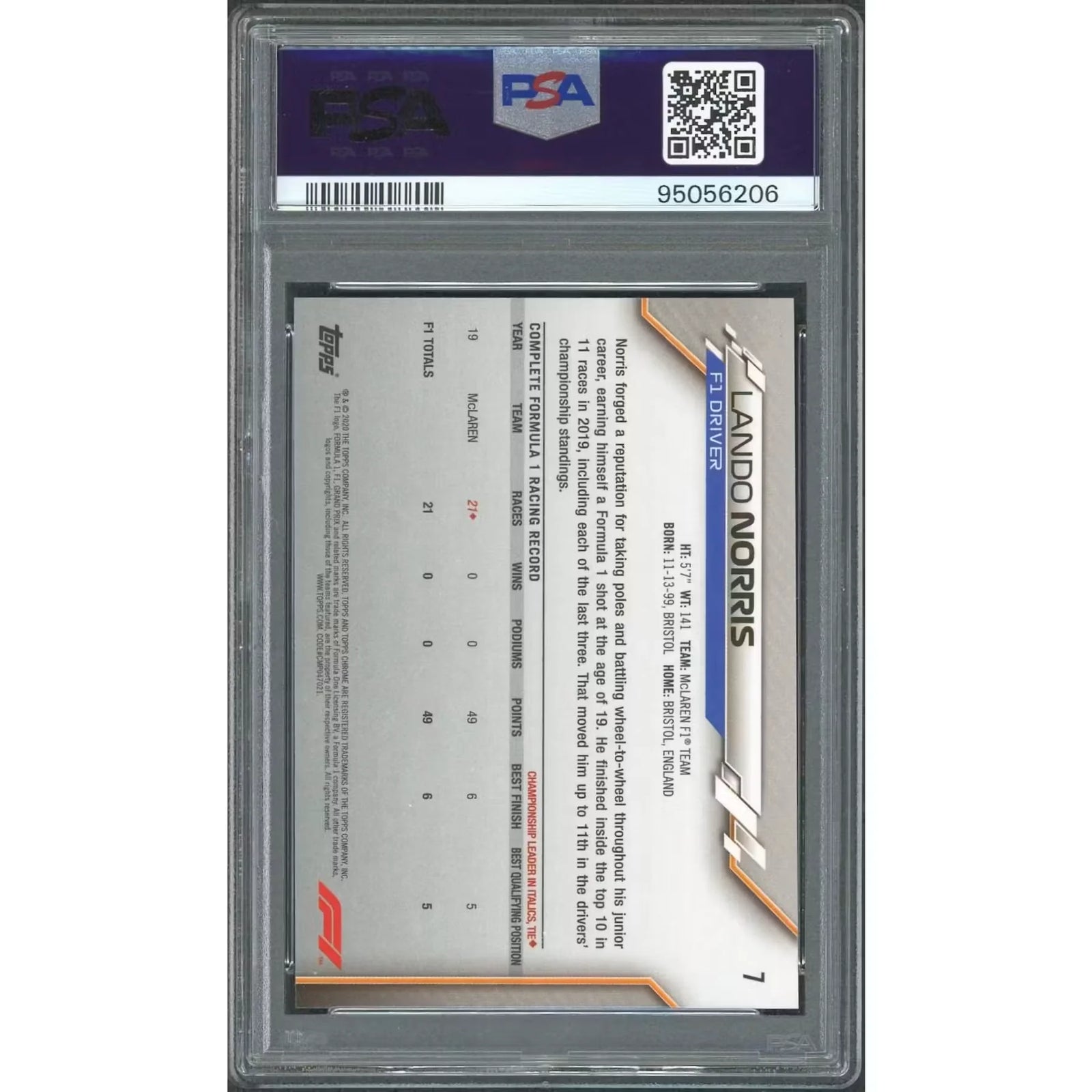 Lando Norris 2020 Topps Chrome Sapphire Edition RC | PSA 10 #7