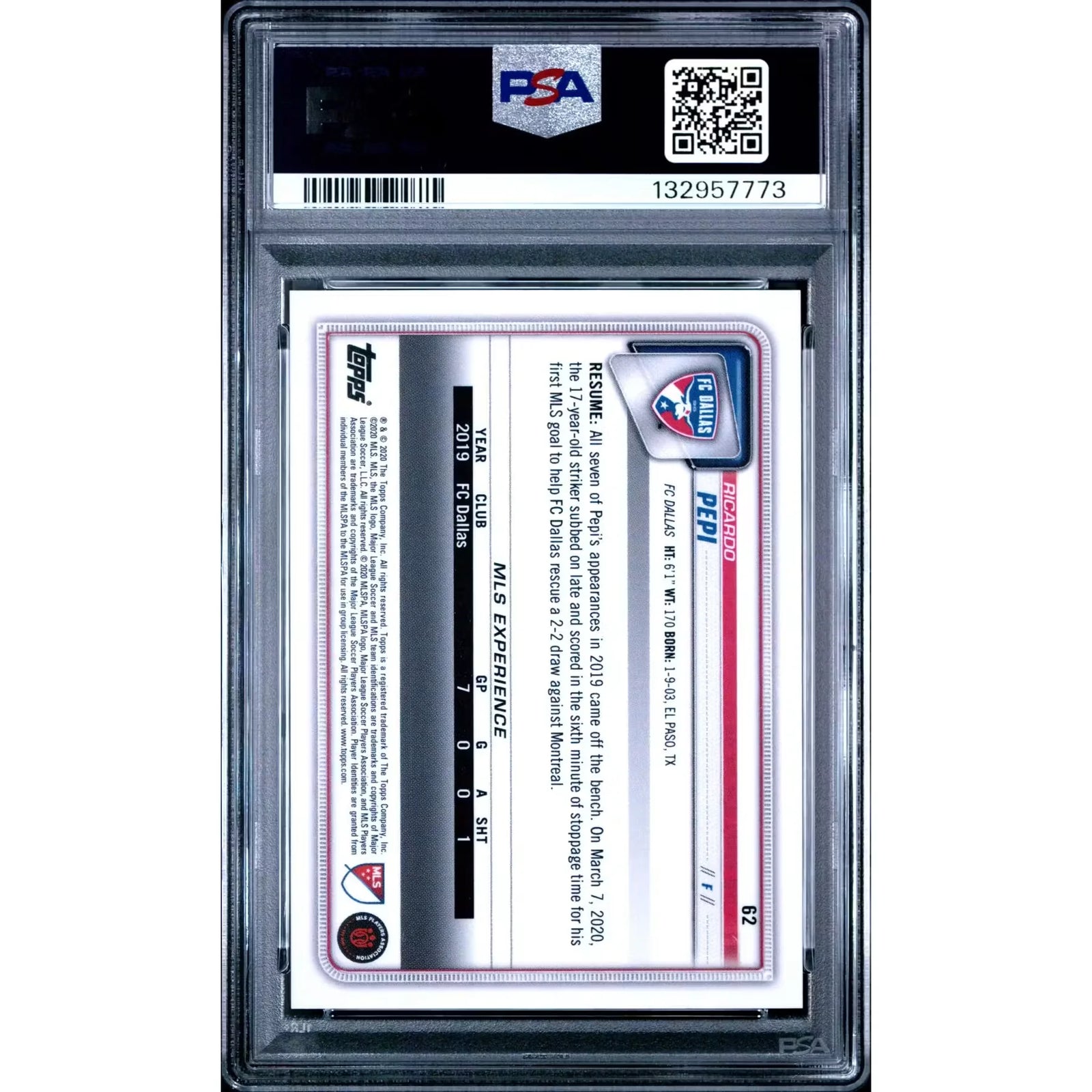 Ricardo Pepi 2020 Topps On Demand Bowman MLS Rookie #62 Blue | PSA 10