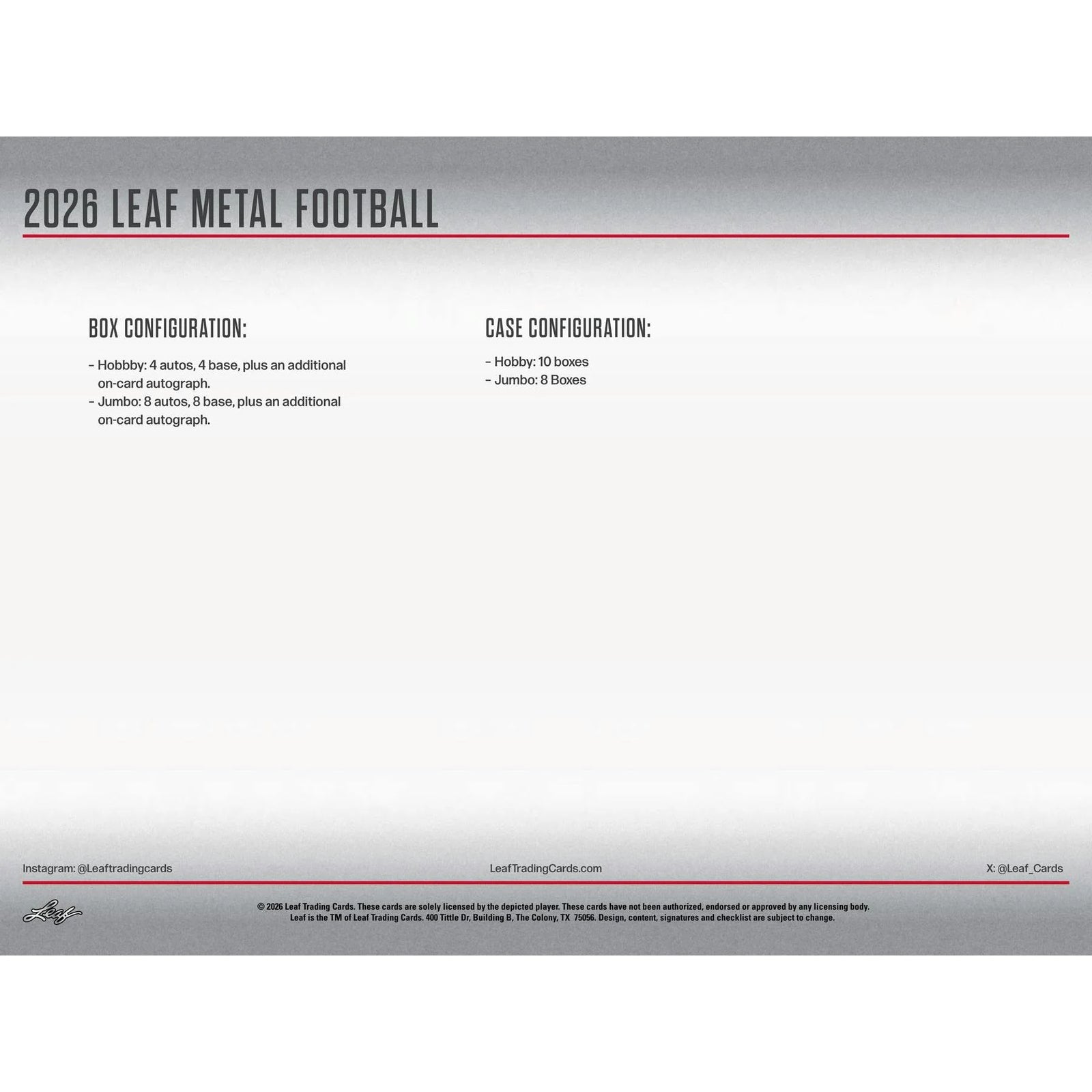 DRAFT - New 2026 Leaf Metal Football Hobby Jumbo 8-Box Case