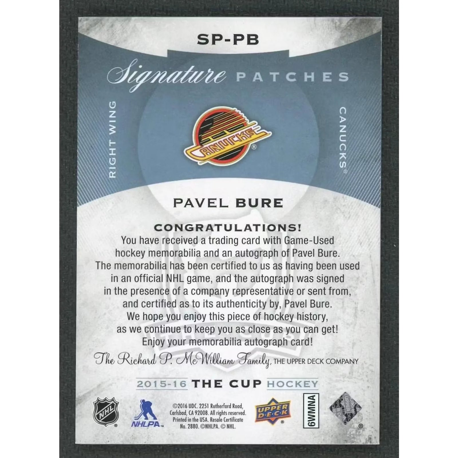 Pavel Bure Signed The Cup Card | 2015-16 Upper Deck Signature Patches/99