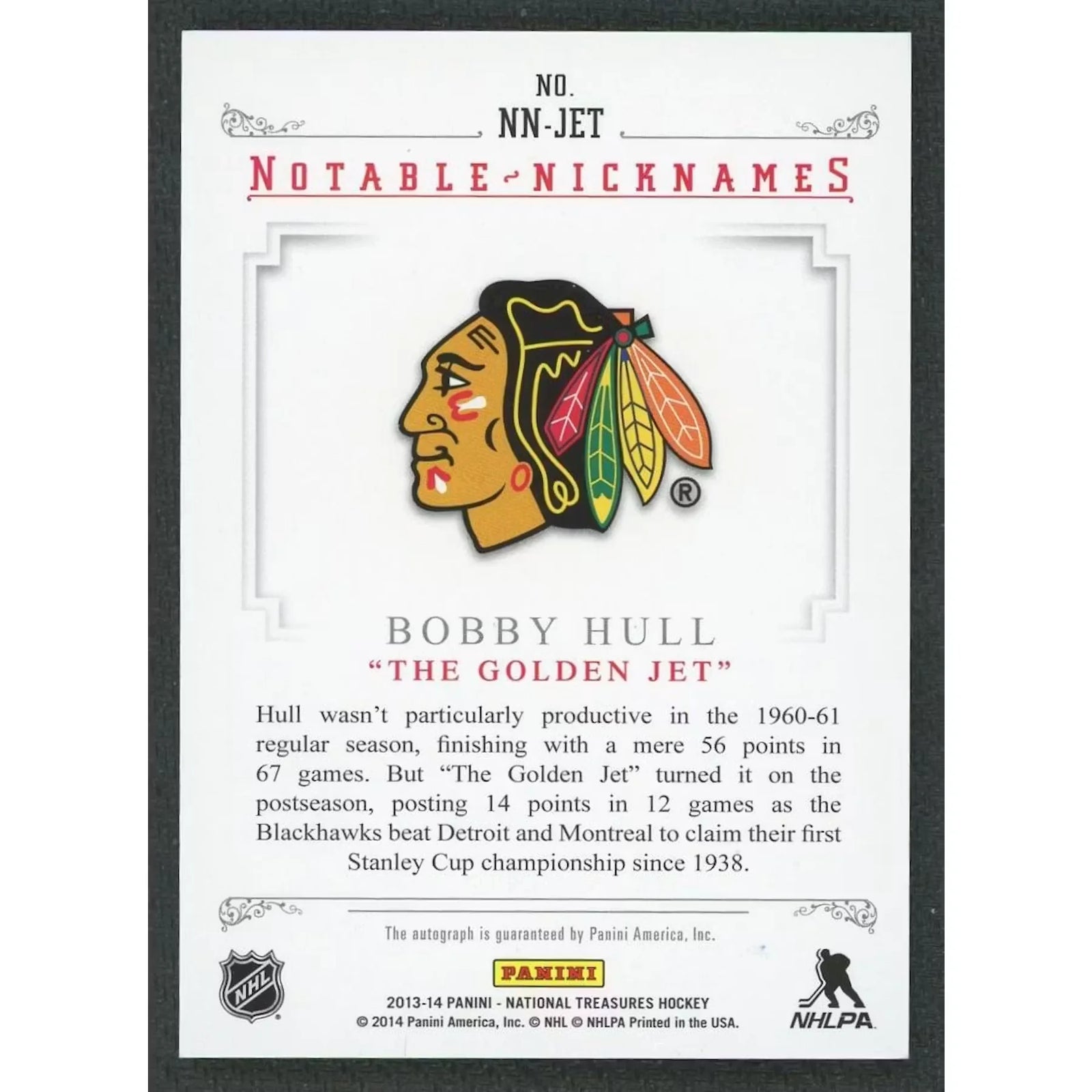 Bobby Hull Signed 2013-14 Panini National Treasures Card | Notable Nicknames Auto/25