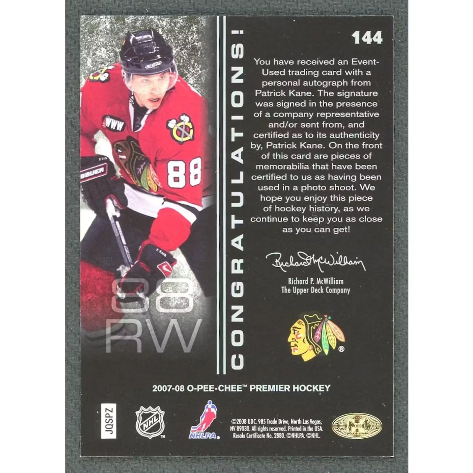 Patrick Kane 2007-08 O-Pee-Chee Premier Rookie Quad Patch Auto |/299