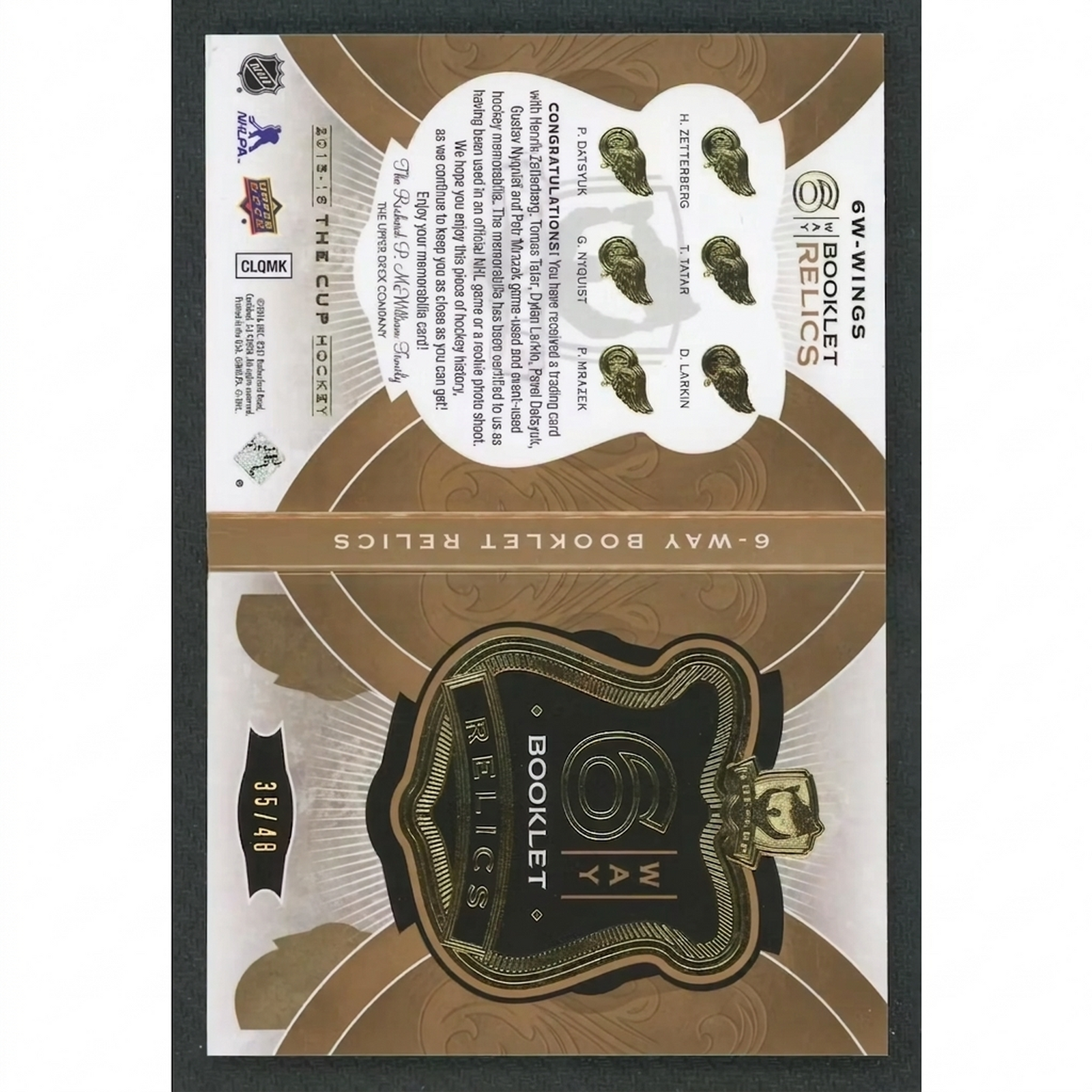 2015-16 Upper Deck The Cup 6-Way Booklet Relics | Zetterberg, Larkin, Datsyuk/40