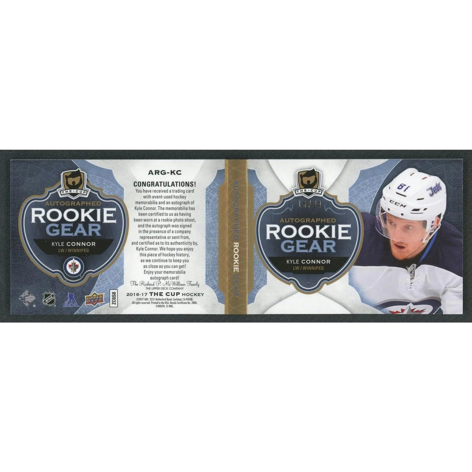 Kyle Connor Signed 2016-17 Upper Deck The Cup Rookie Gear Booklet