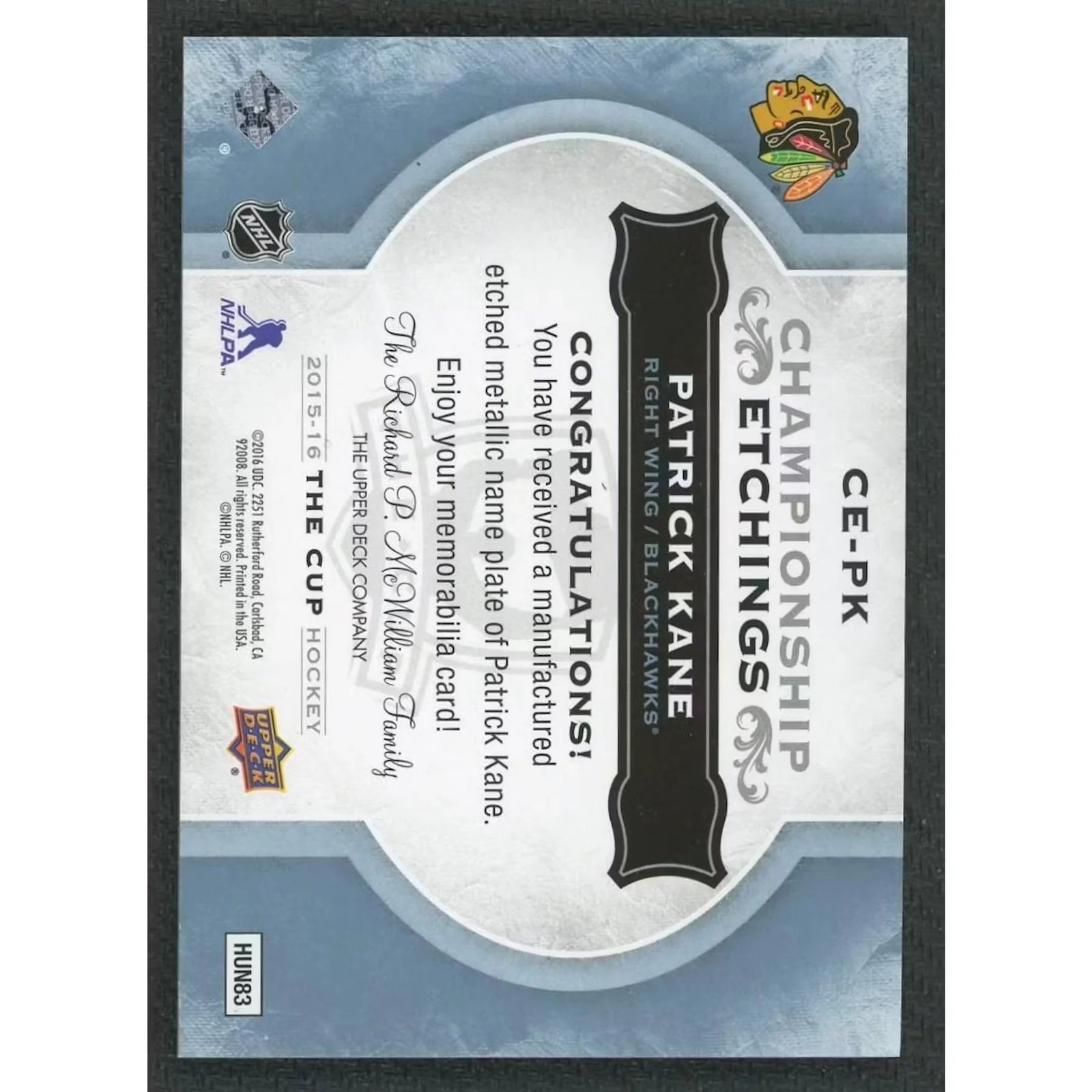 Patrick Kane Signed 2015-16 Upper Deck The Cup Championship Etchings Card |/15
