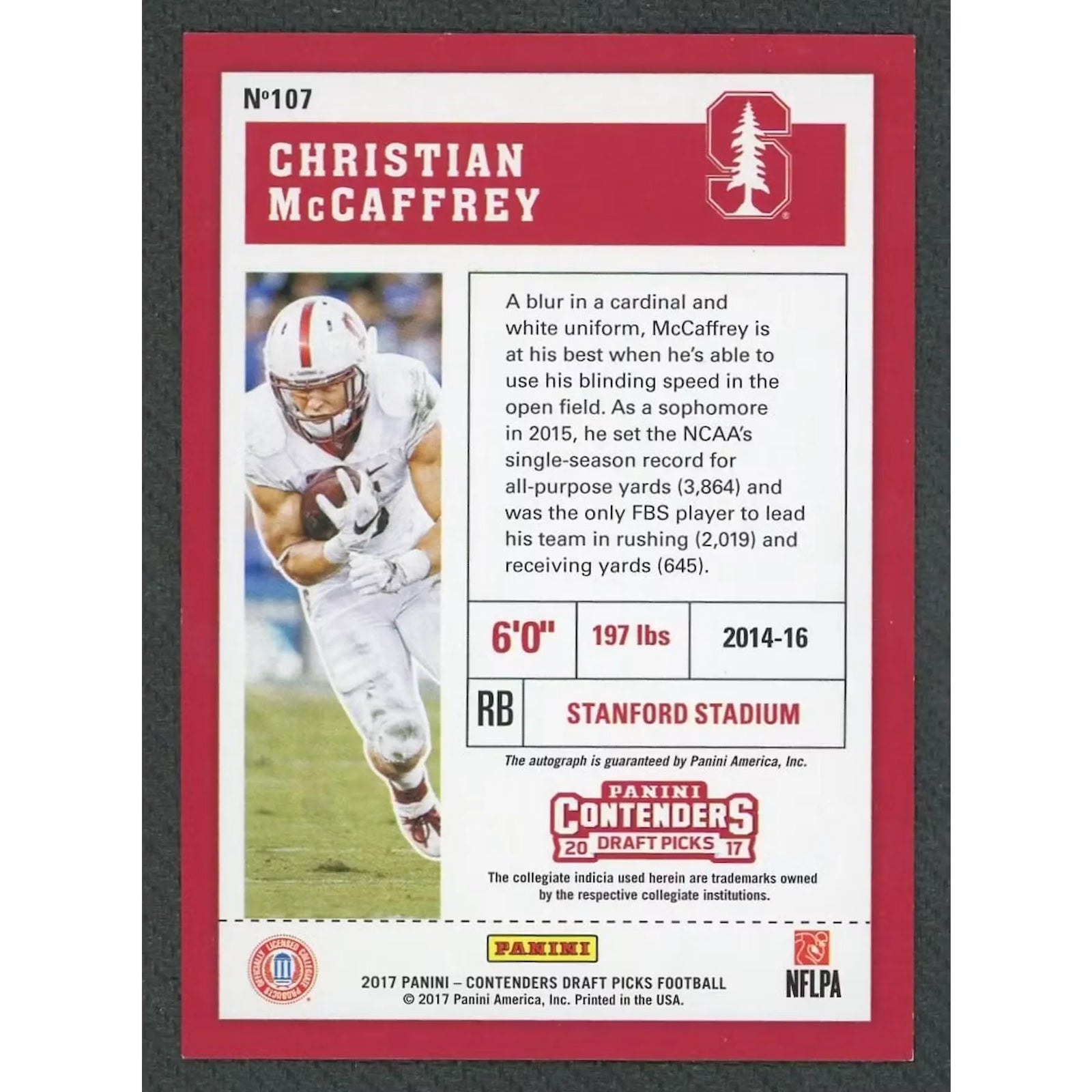 Christian McCaffrey Signed 2017 Panini Contenders Rookie Card | Cracked Ice/23