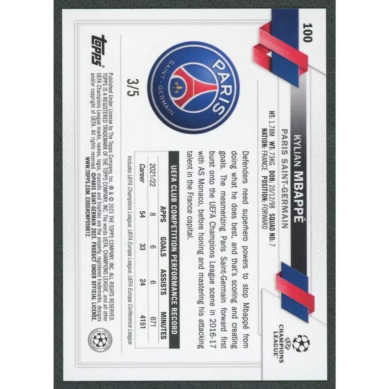 Kylian Mbappe 2022-23 Topps UCL 1st Edition Red Foil #100 Card |/5