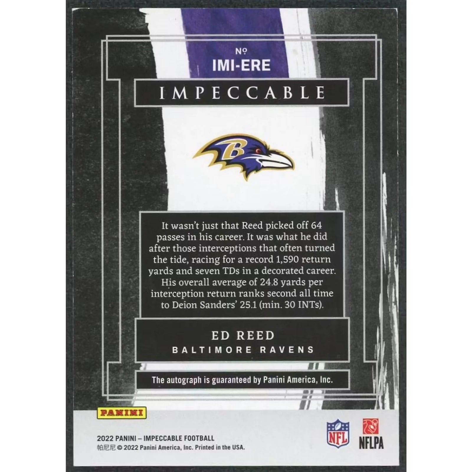 Ed Reed Signed 2022 Panini Impeccable Card | Immortal Ink Auto/5