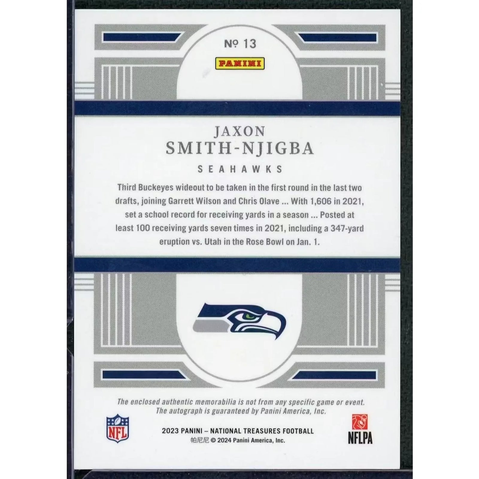 Jaxon Smith-Njigba Signed 2023 Panini National Treasures Rookie Patch Auto |/99