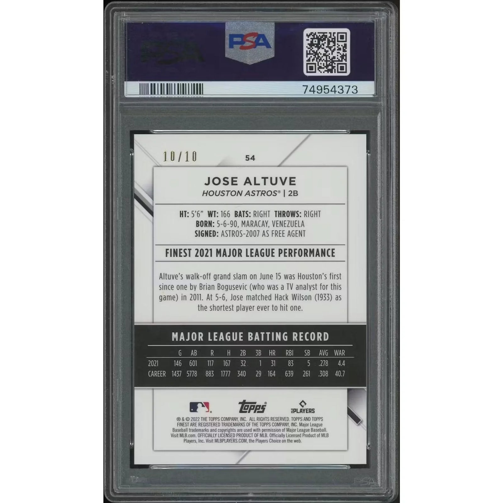 Jose Altuve 2022 Topps Finest Baseball Card #54 | Red Black Vapor Refractor PSA 9