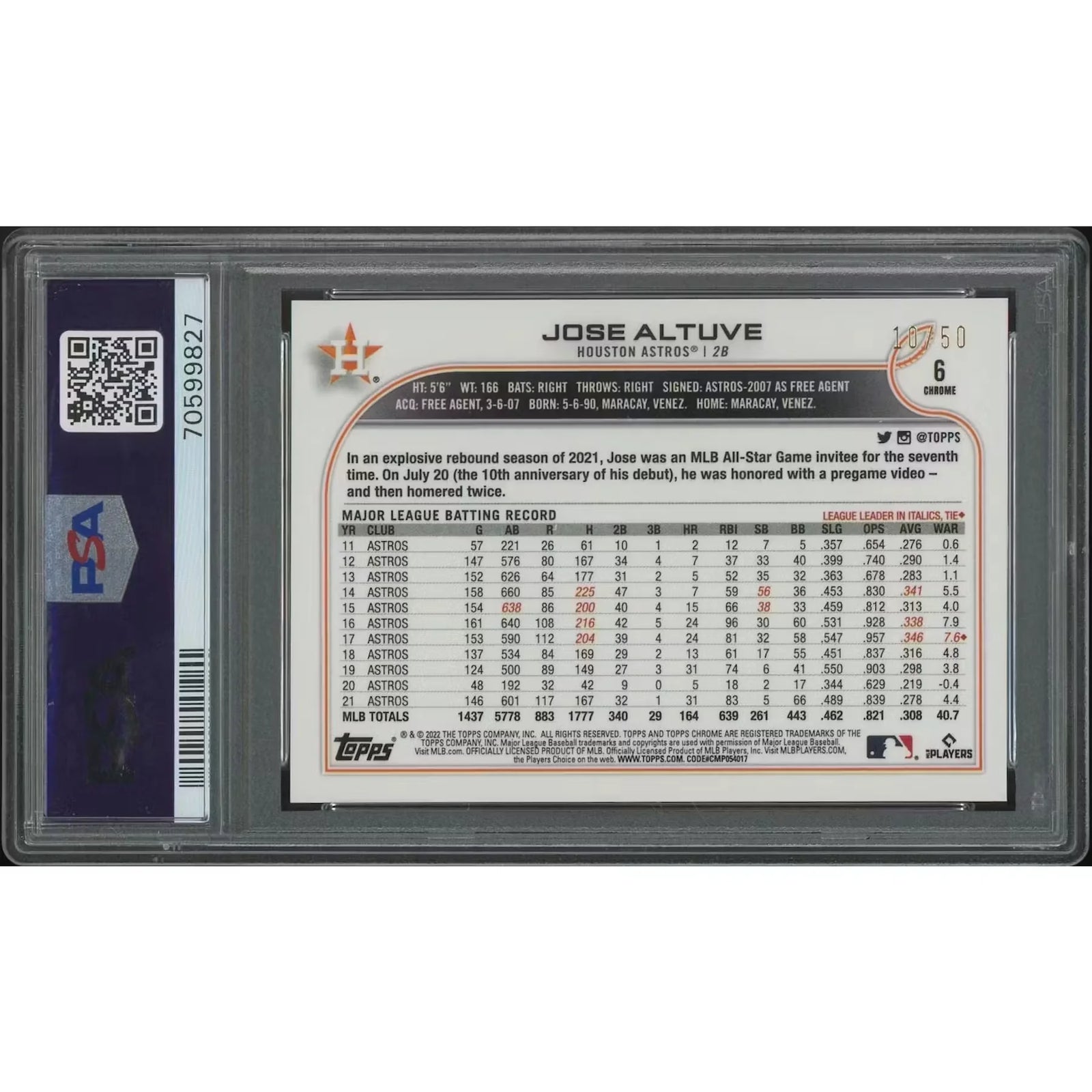 Jose Altuve 2022 Topps Chrome Baseball Card | Gold Speckle Refractor #10/50 PSA 9