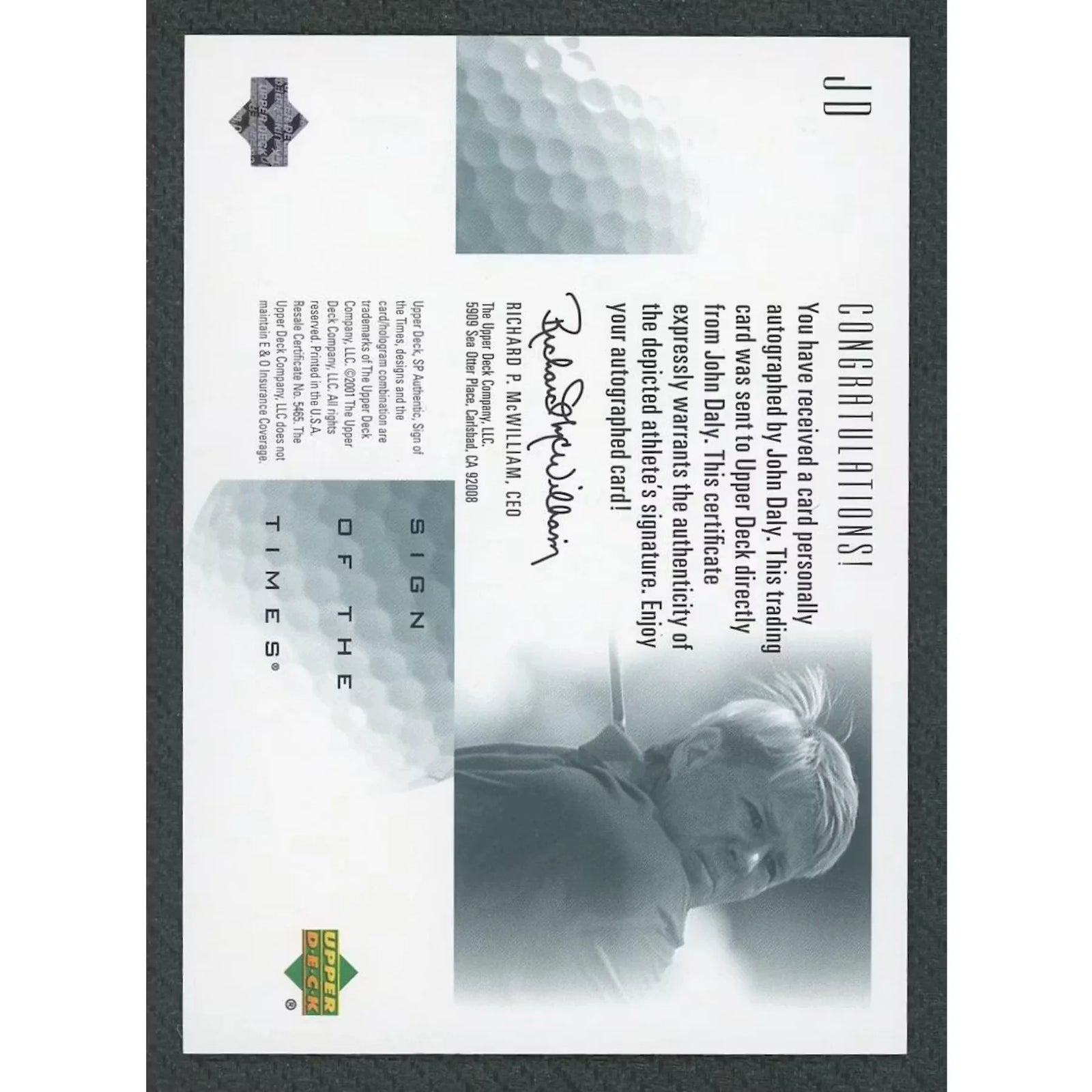 John Daly Signed 2001 Upper Deck SP Authentic Card | Sign of The Times