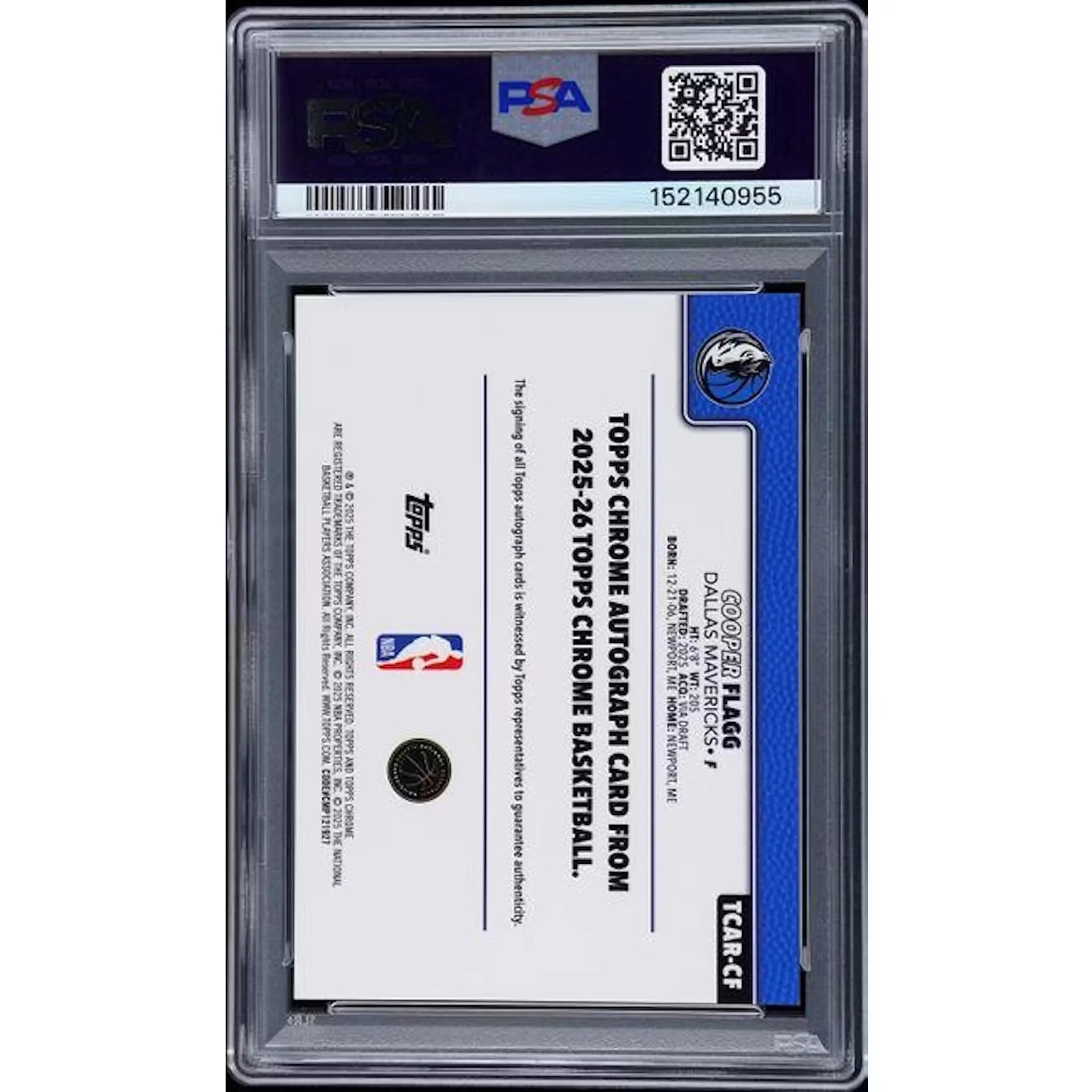 Cooper Flagg 2025-26 Topps Chrome Blue Refractor Rookie Auto | PSA 7