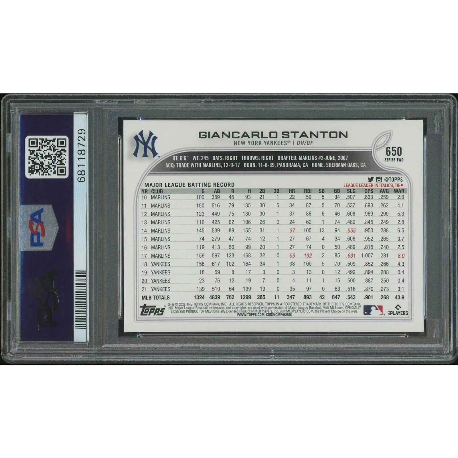 Giancarlo Stanton 2022 Topps Baseball #650 SSP | PSA 9 Mint