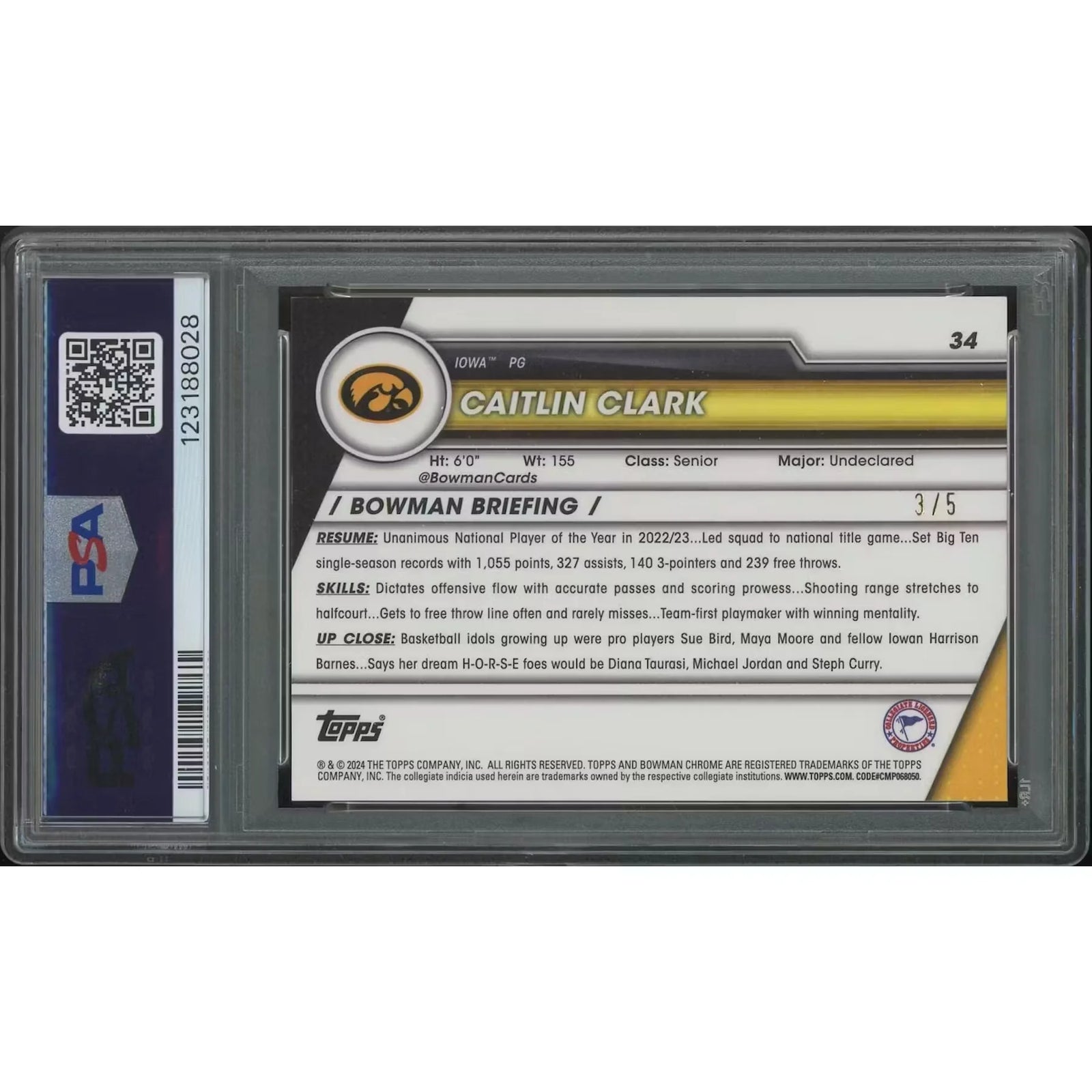 Caitlin Clark 2023-24 Bowman Chrome Red Refractor Rookie Card | PSA 9