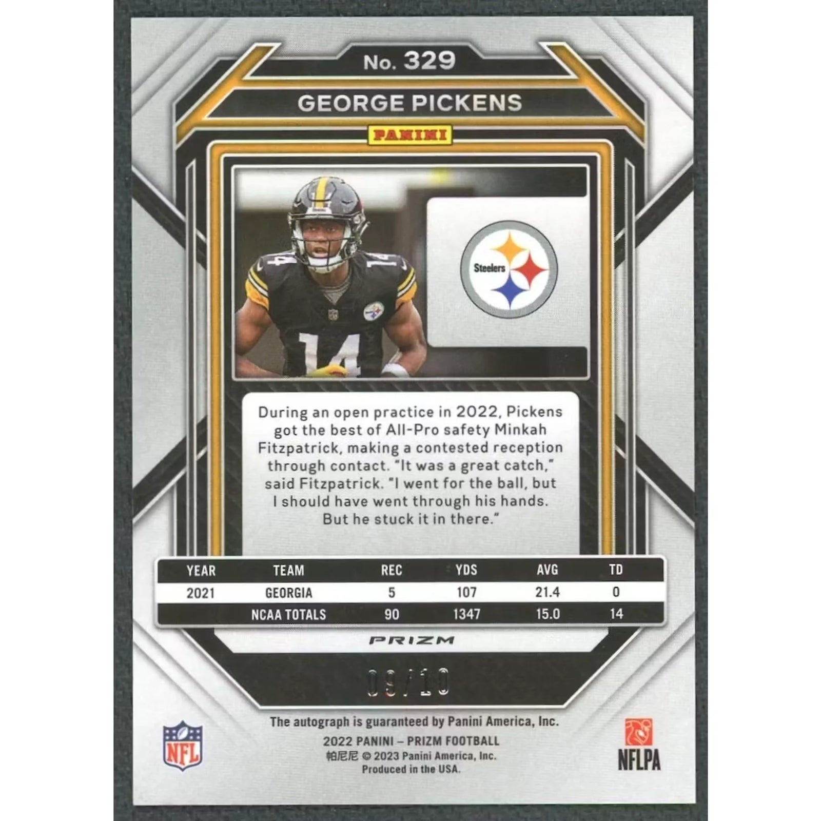 George Pickens Signed 2022 Panini Prizm Rookie Card | Gold/10