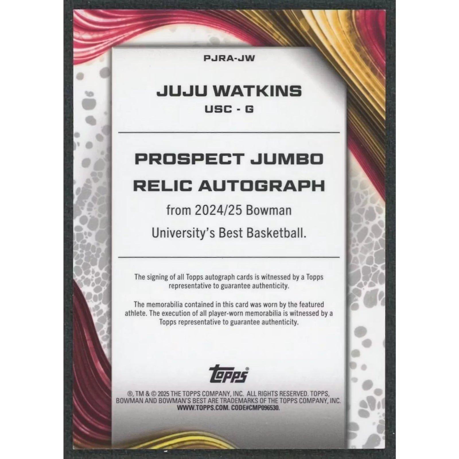 JuJu Watkins Signed 2024-25 Bowman University's Best Jumbo Relic | Orange Refractor/25