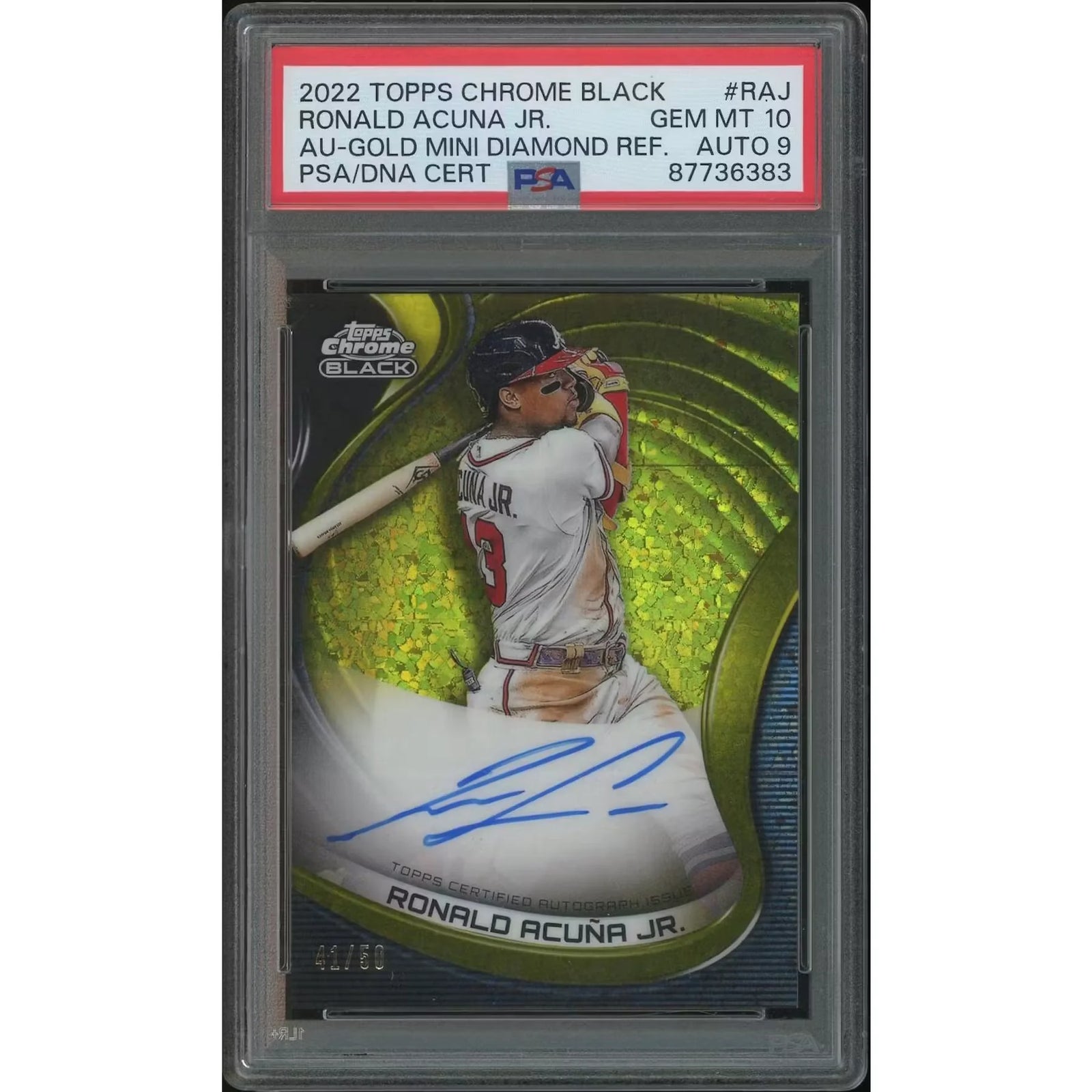 Ronald Acuna Jr Signed 2022 Topps Chrome Black #41 Card | Gold Mini Diamond Auto PSA 10