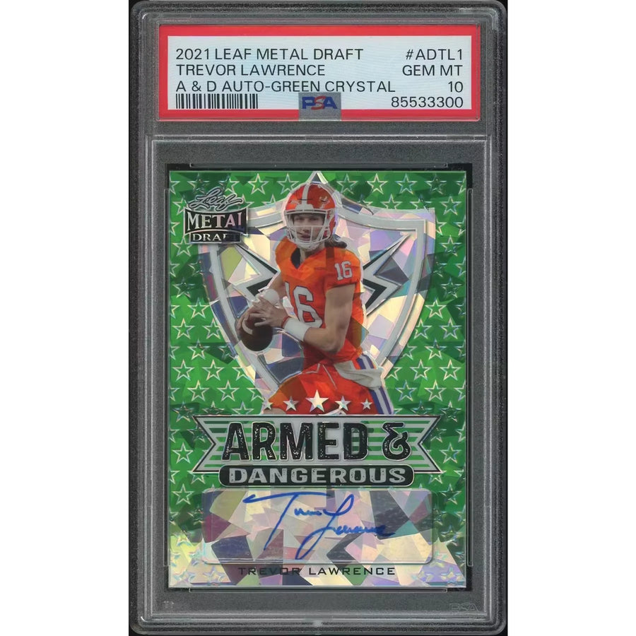 Trevor Lawrence Signed 2021 Leaf Metal Draft Rookie Card | Green Crystal #3/7 PSA 10
