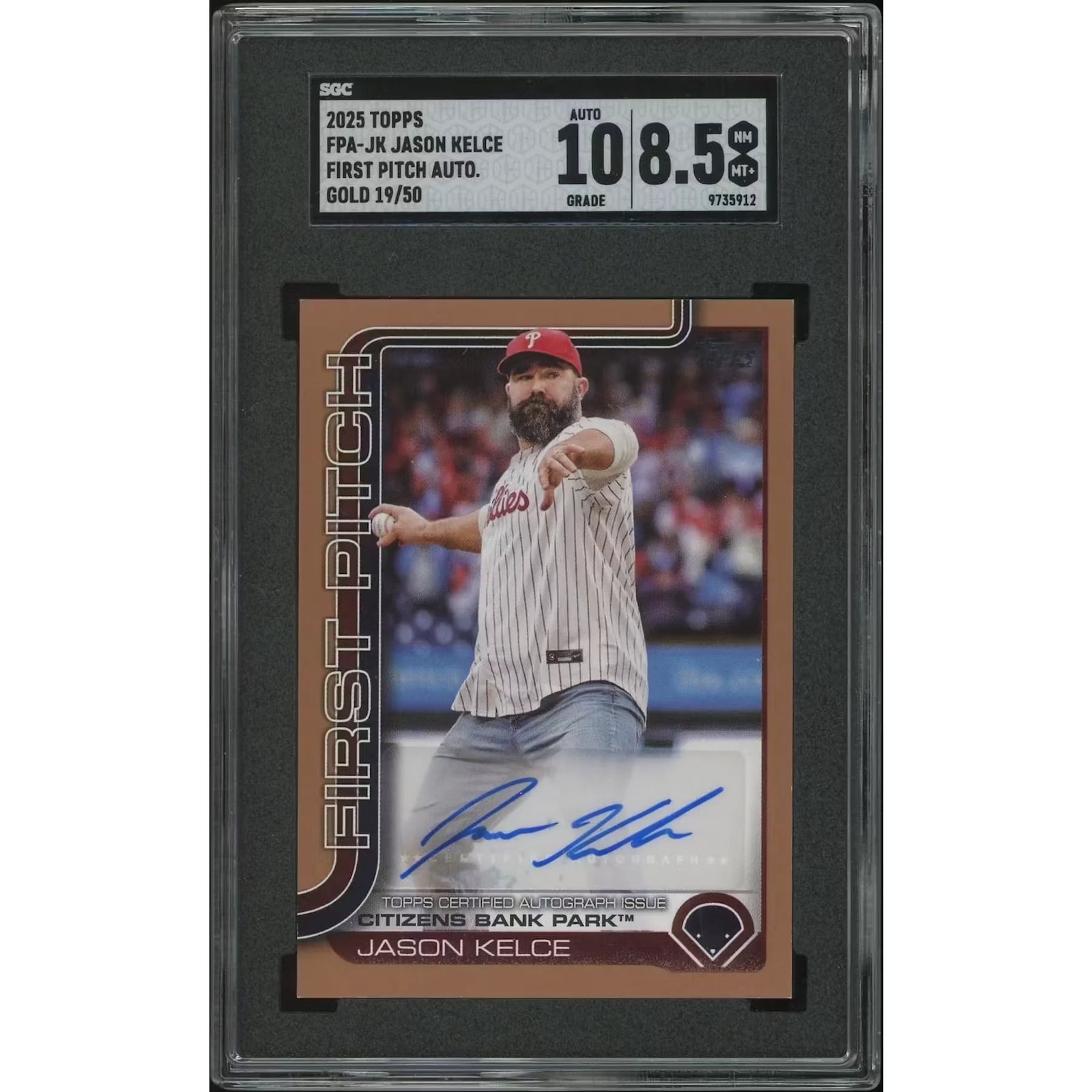 Jason Kelce 2025 Topps Baseball Gold First Pitch Auto | SGC 8.5 #19/50