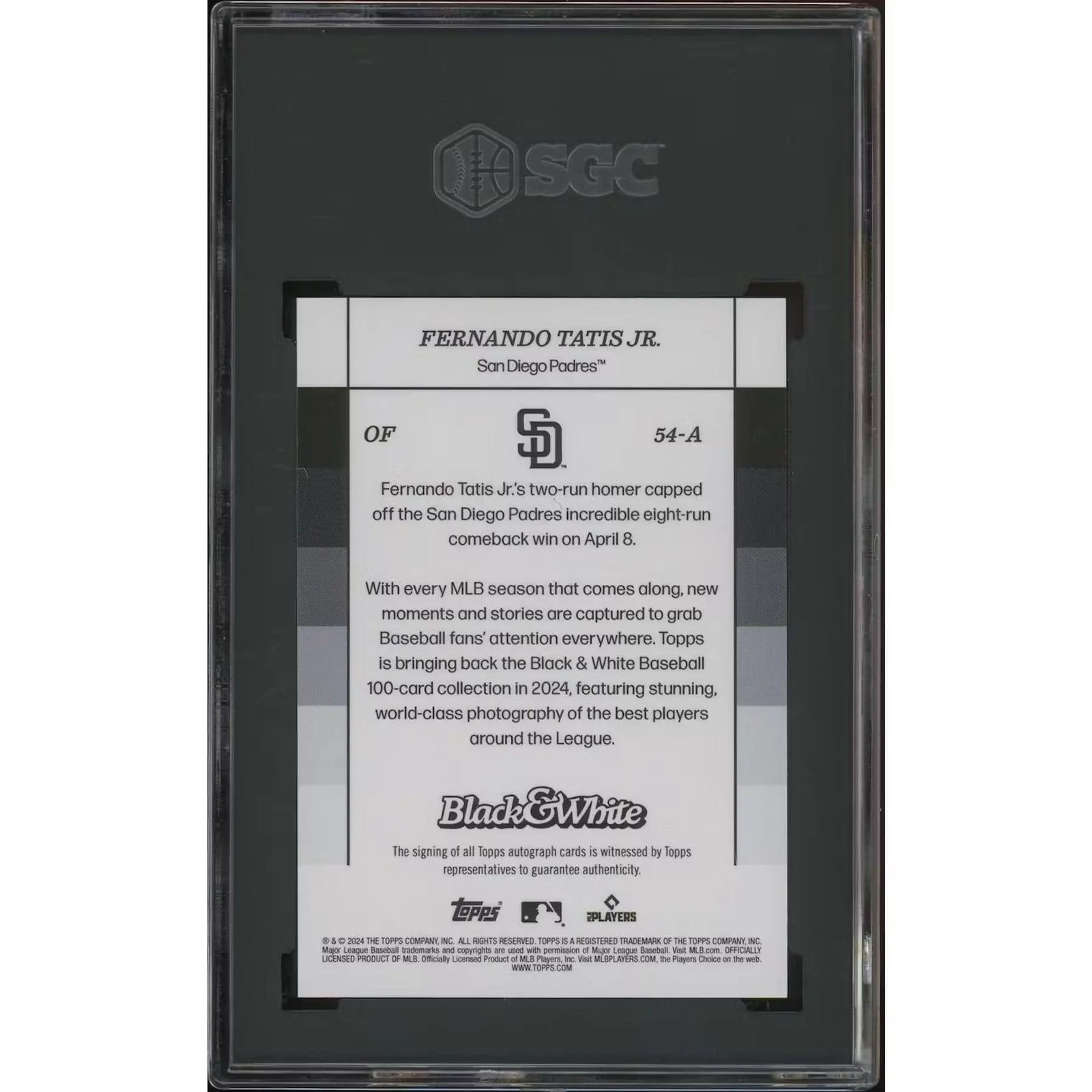 Fernando Tatis Jr. Signed 2024 Topps Black & White Card | Purple Auto #25/25 SGC 10