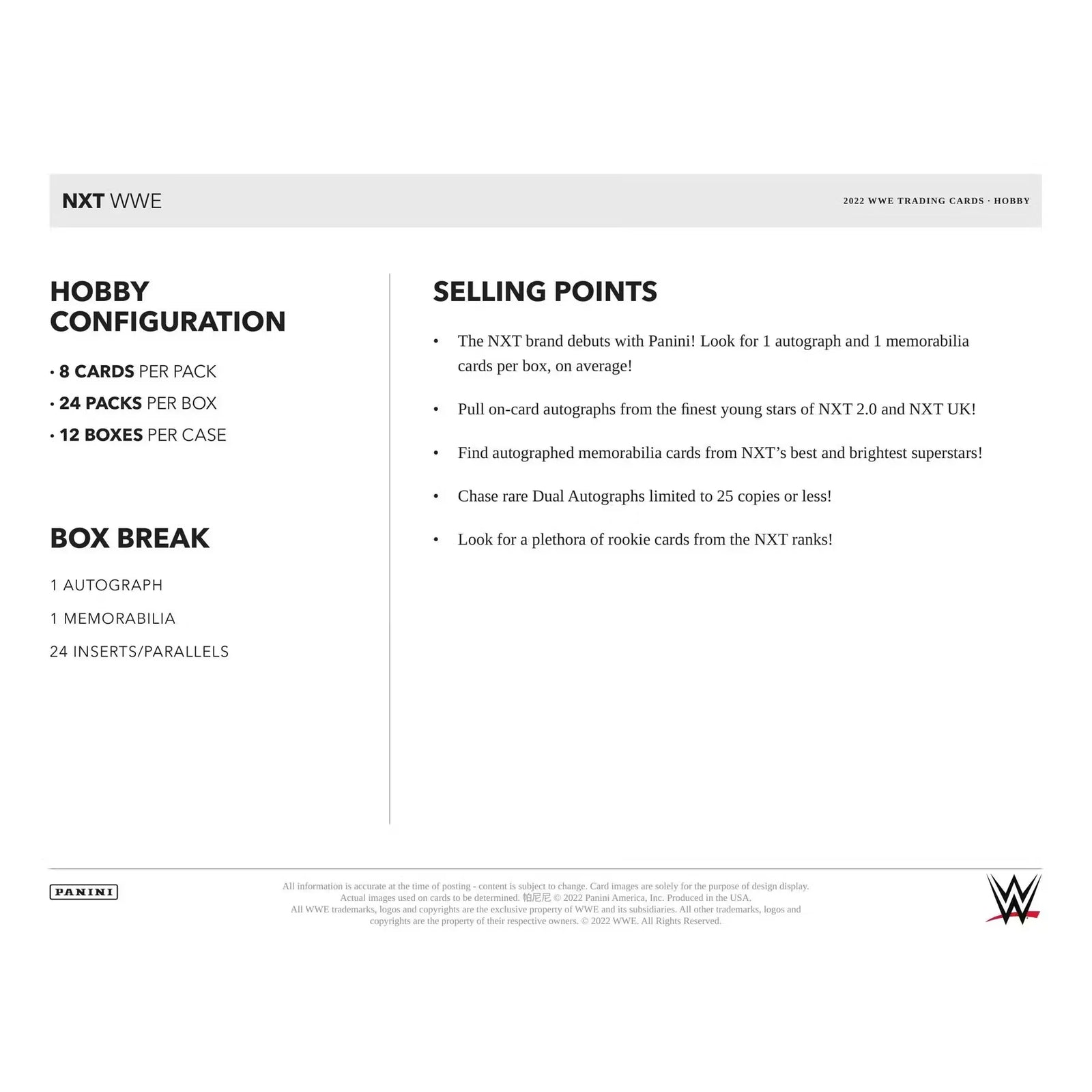 2022 Panini WWE NXT Wrestling Hobby 12-Box Case (Ships Sealed Only) - D