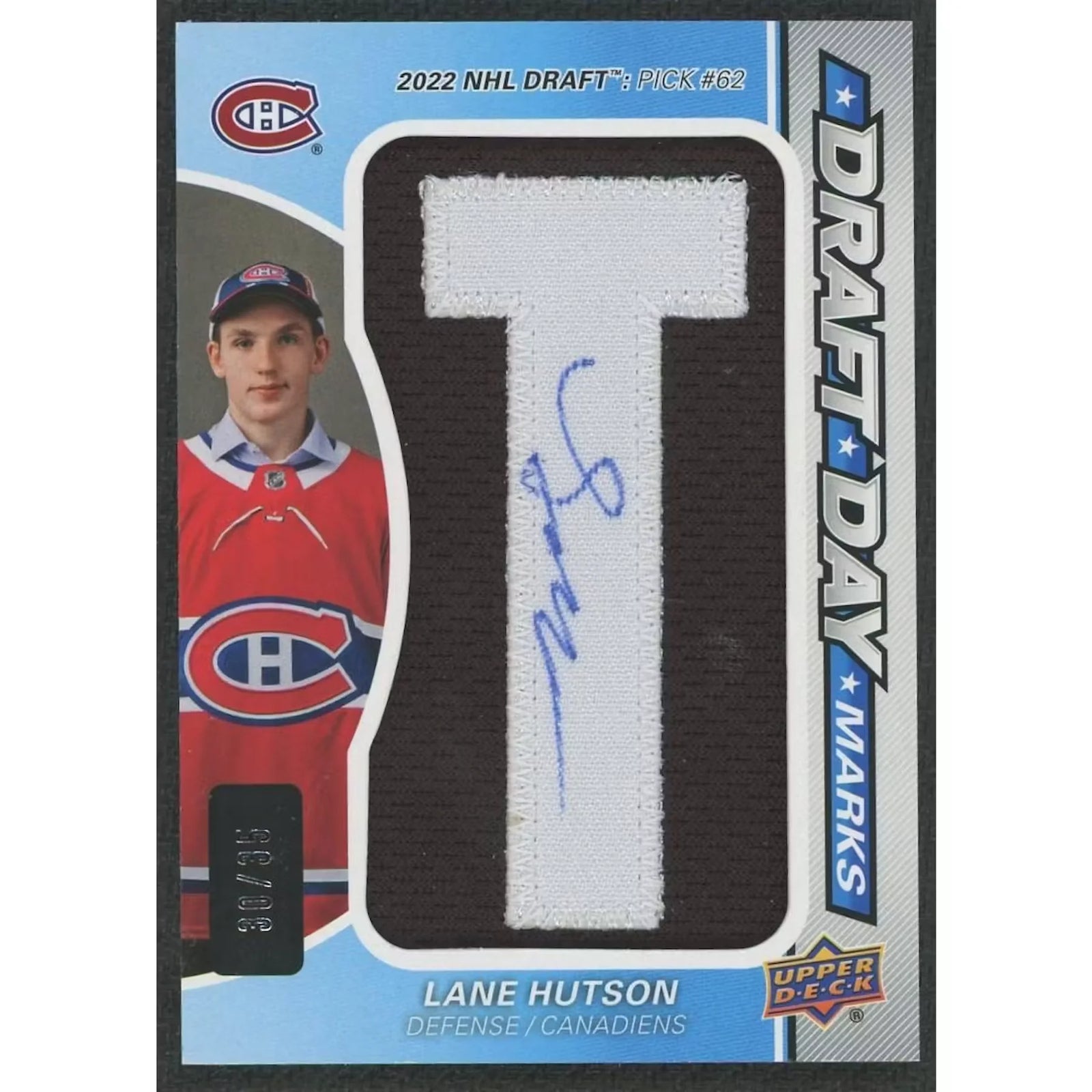 Lane Hutson Signed 2024-25 SP Game Used Draft Day Marks Card |/35