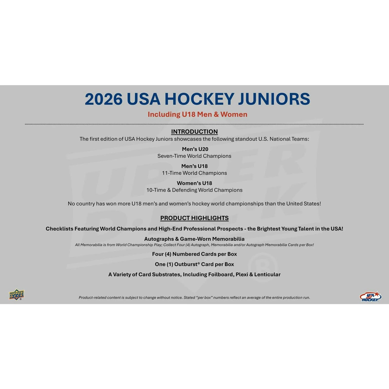 DRAFT - Presell 2026 Upper Deck Team USA Juniors Hockey Hobby 12-Box Case (Presell) Releases Sep. 16th, 2026