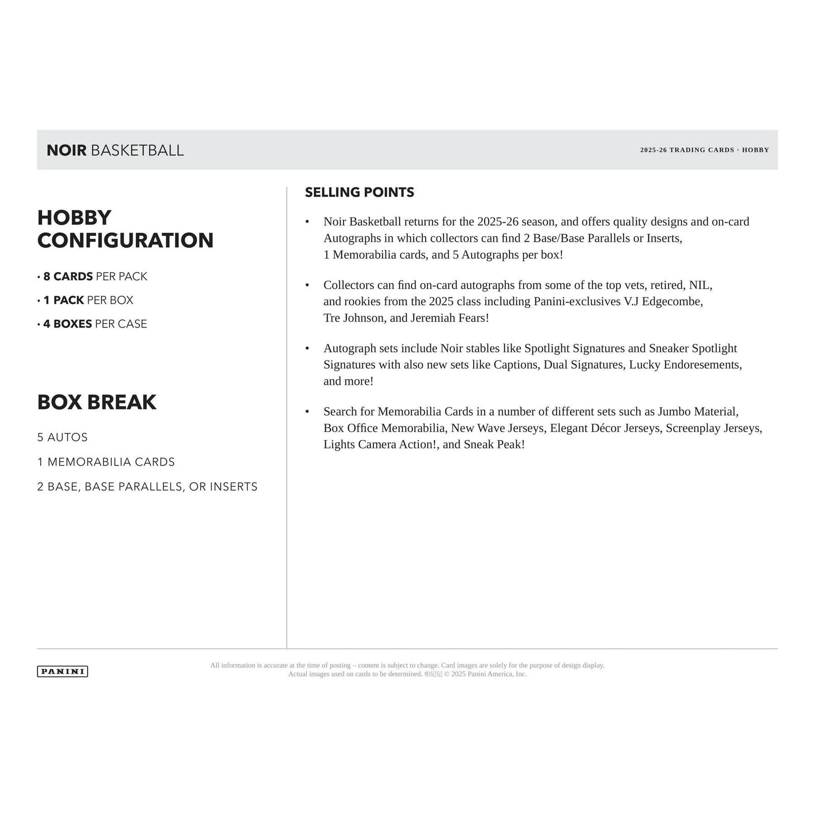 DRAFT - Presell 2025/26 Panini Noir Basketball Hobby 4-Box Case (Presell) Releases Jun. 10th, 2026