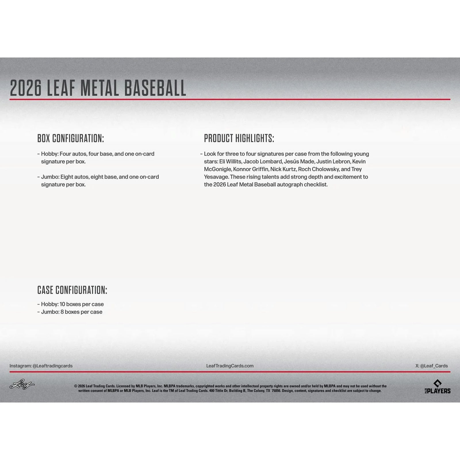 DRAFT - New 2026 Leaf Metal Baseball Hobby Jumbo 8-Box Case