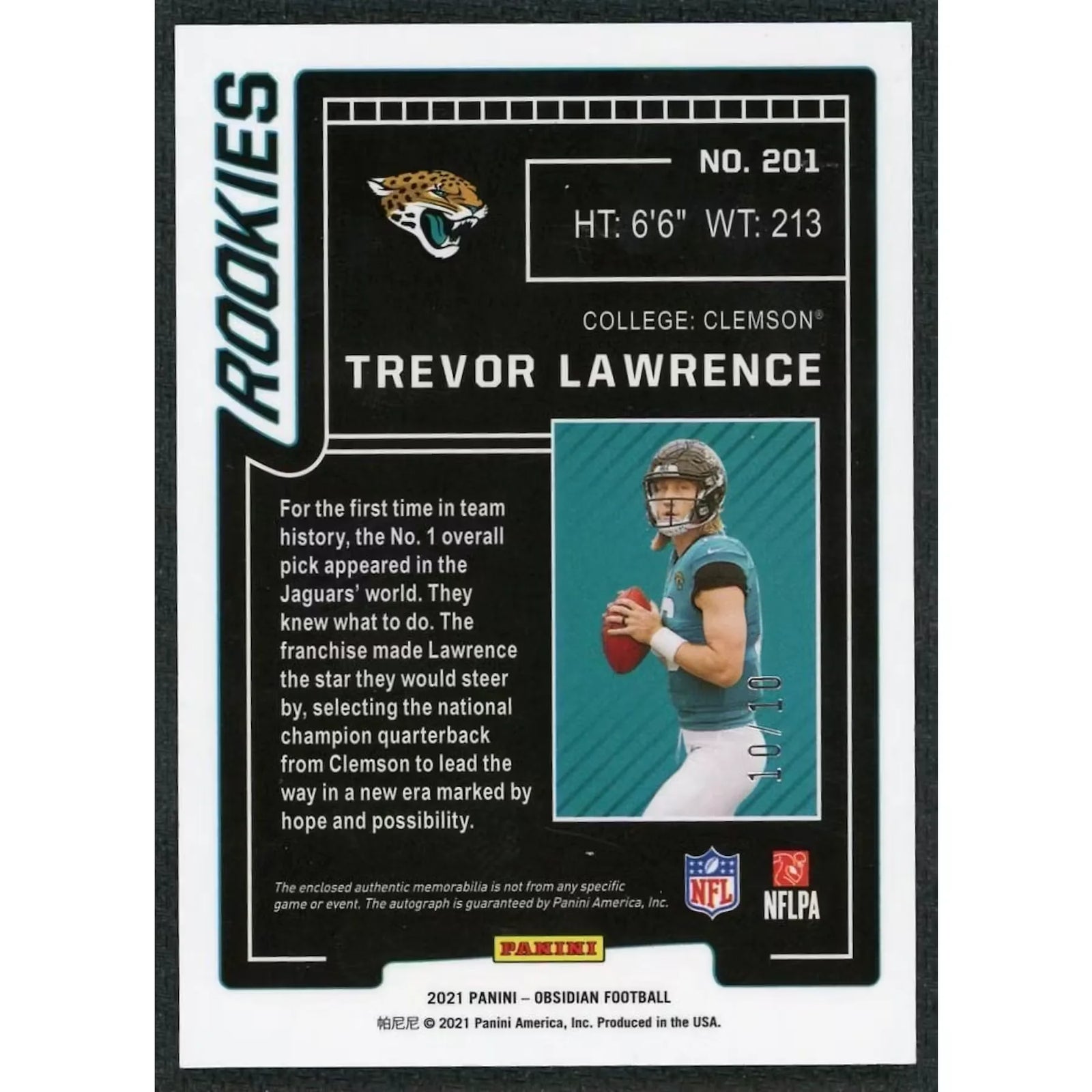 Trevor Lawrence Signed 2021 Panini Obsidian Rookie Patch Auto |/10