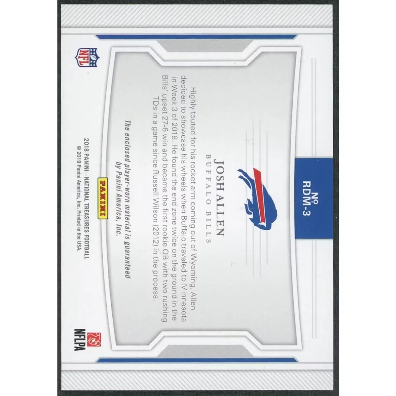 Josh Allen 2018 Panini National Treasures Dual Materials Card | Silver/25