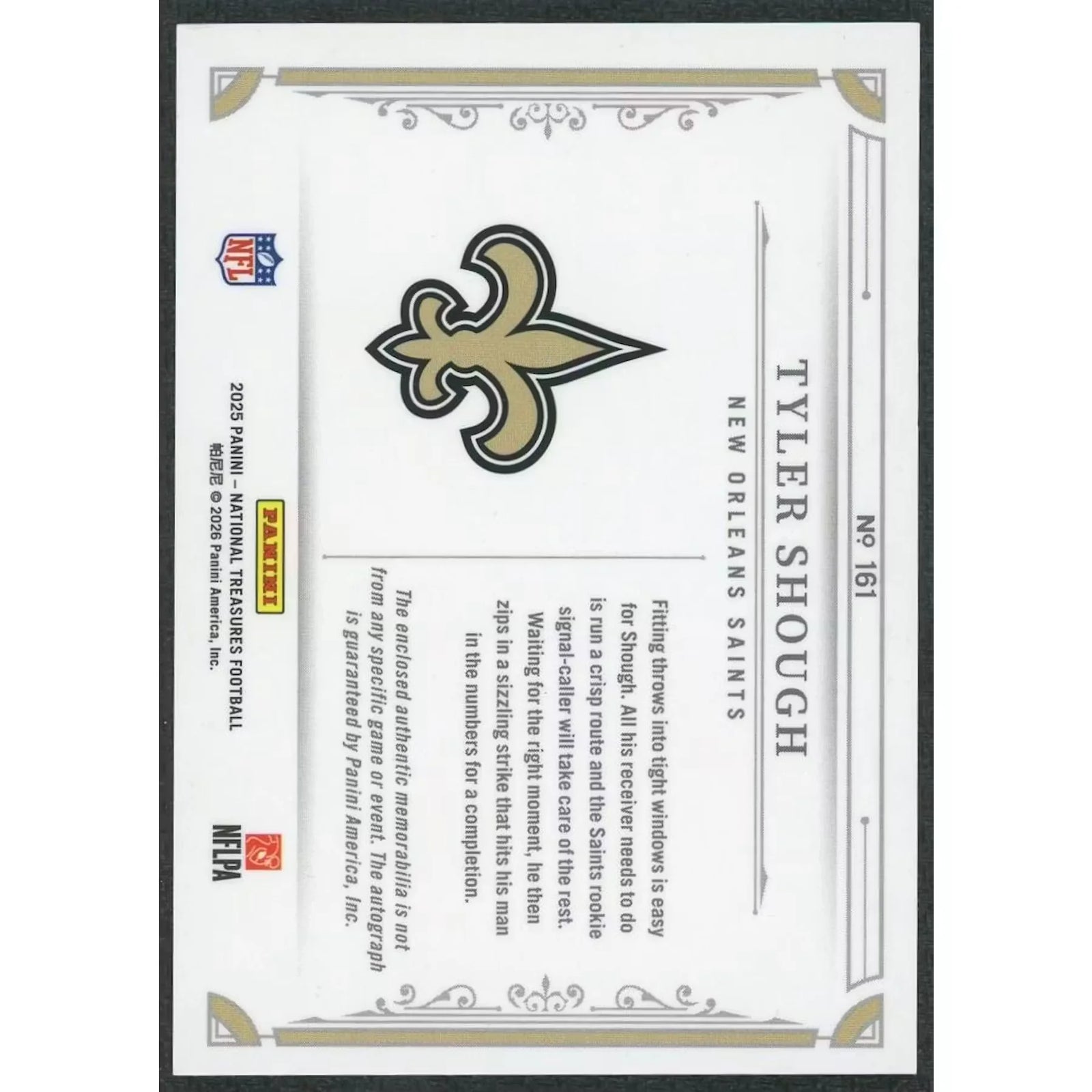 Tyler Shough 2025 National Treasures Rookie Patch Auto |/25