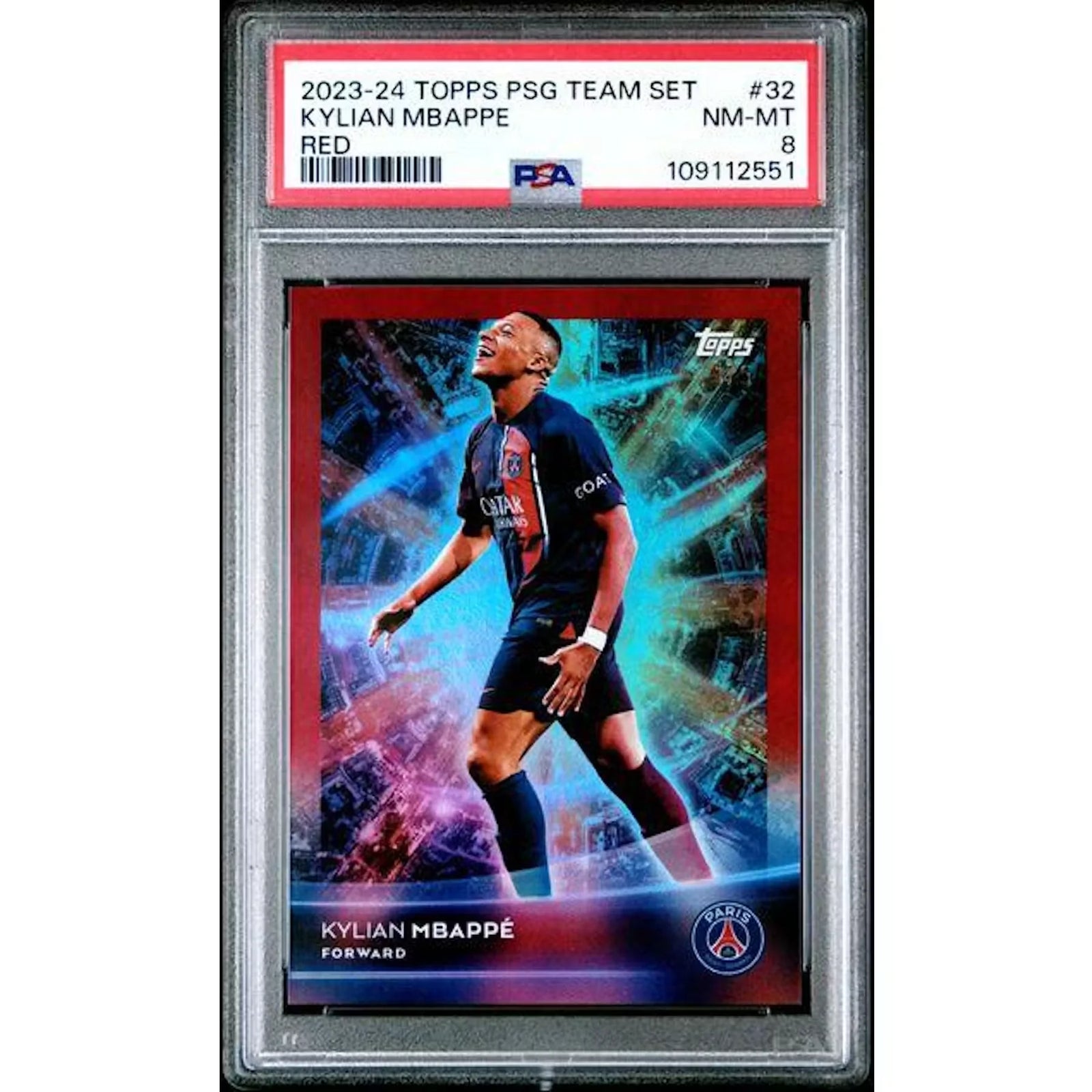 Kylian Mbappe 2023-24 Topps PSG Team Set Card Red/5 | PSA 8