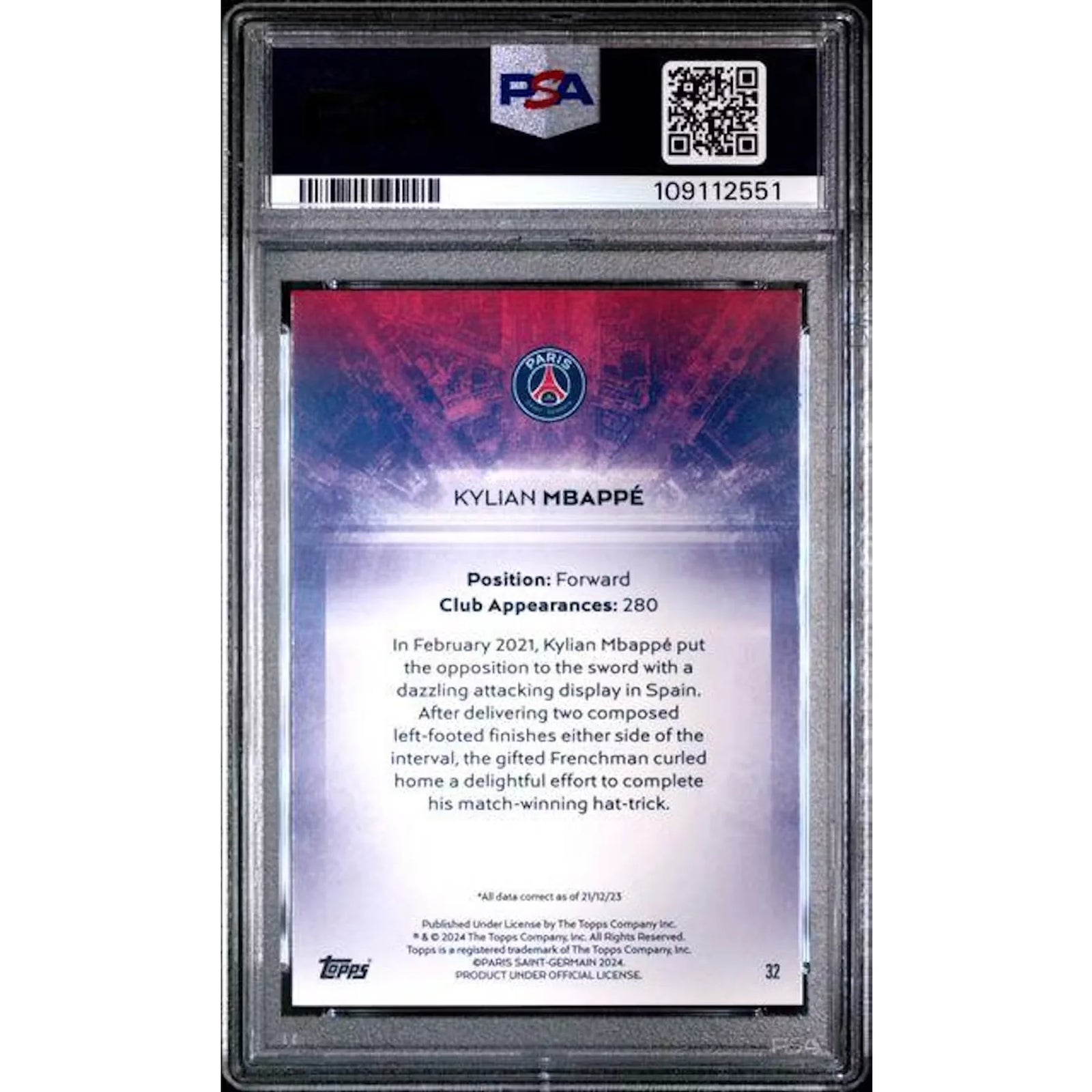 Kylian Mbappe 2023-24 Topps PSG Team Set Card Red/5 | PSA 8