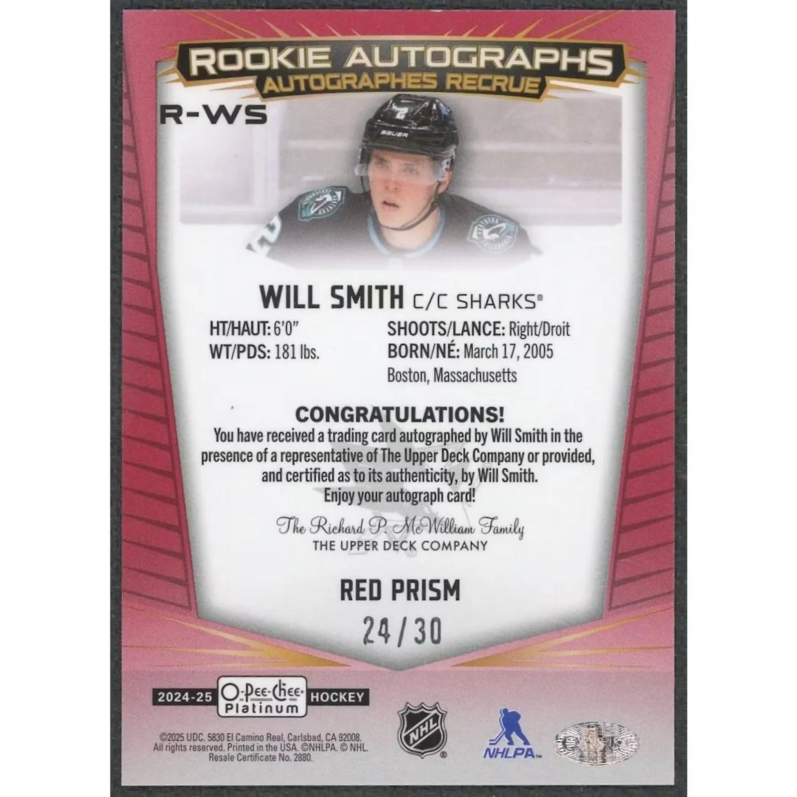 Will Smith 2024-25 O-Pee-Chee Platinum Red Prism Auto |/30