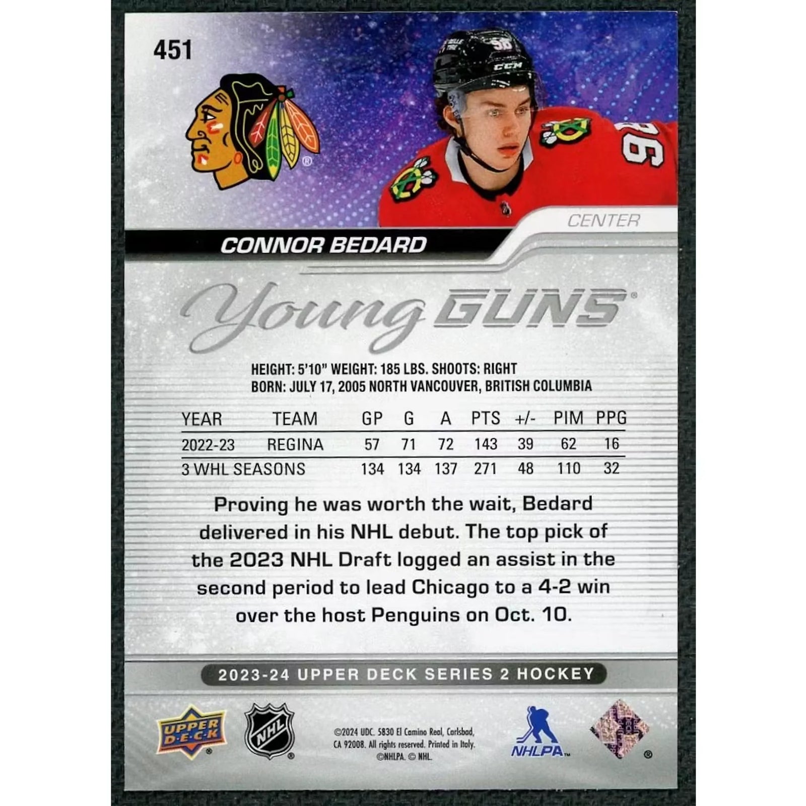 Connor Bedard 2023-24 Upper Deck Young Guns #451 Rookie Card