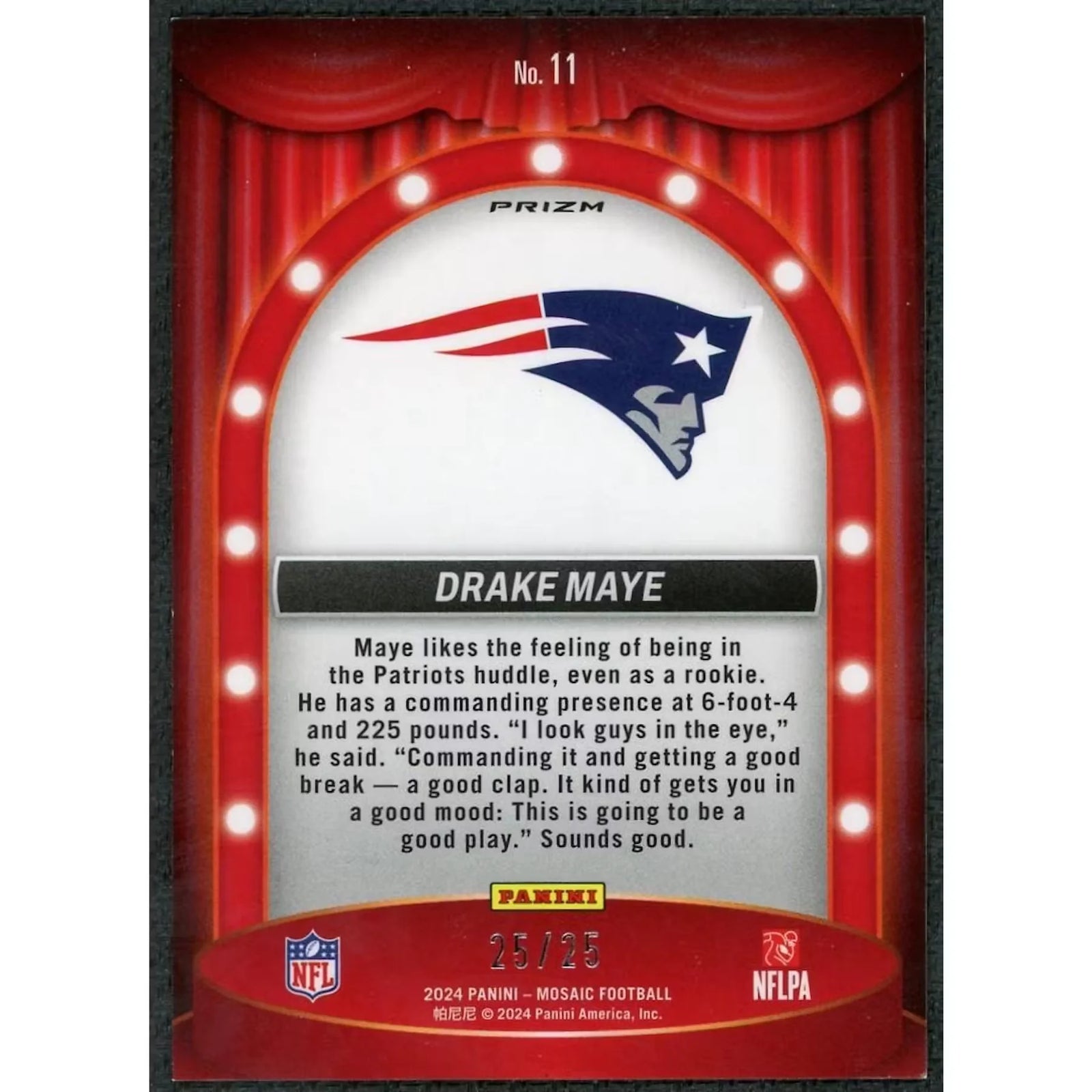 Drake Maye 2024 Panini Mosaic Center Stage White/25 Card