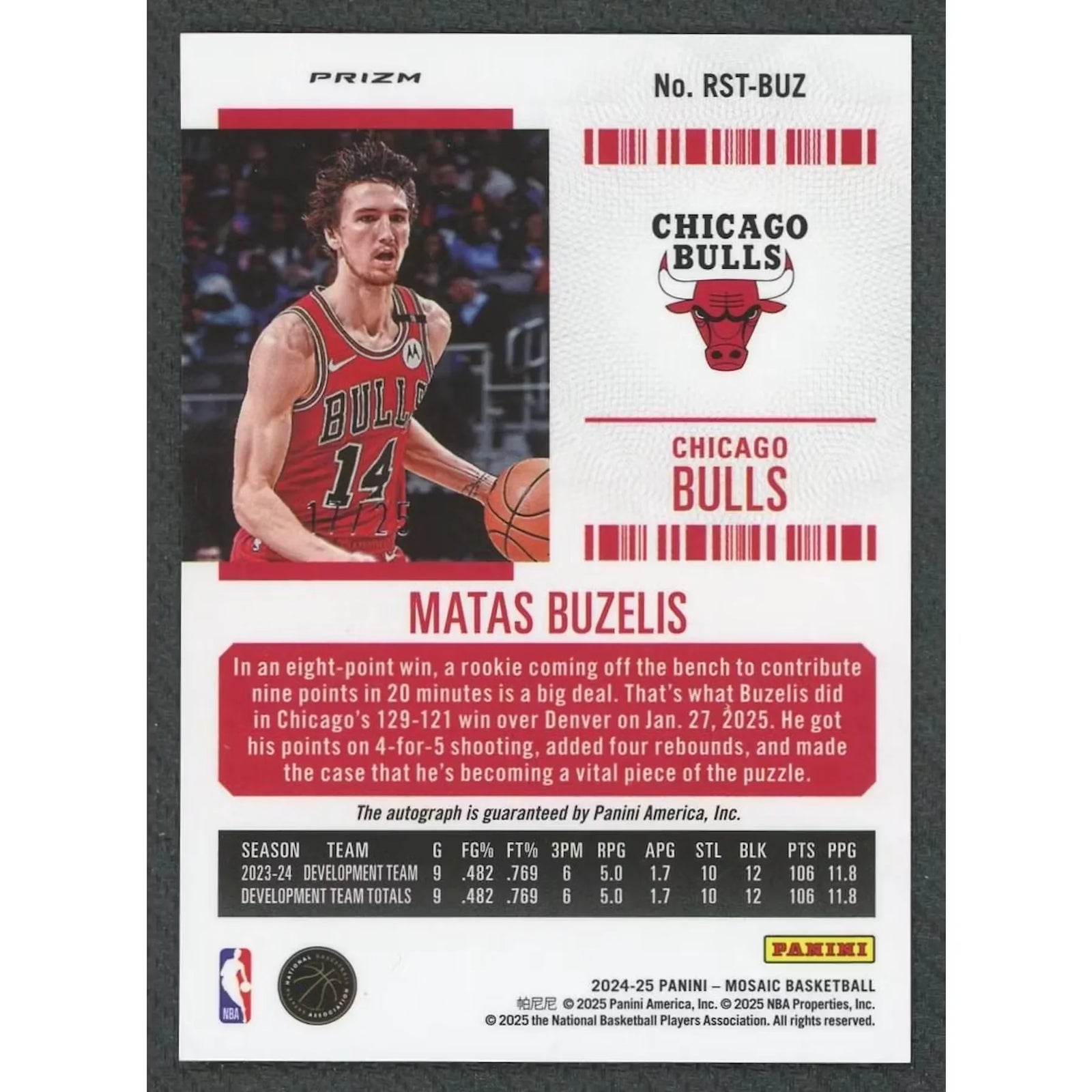 Matas Buzelis Signed Rookie Card | 2024-25 Panini Mosaic Contenders Optic