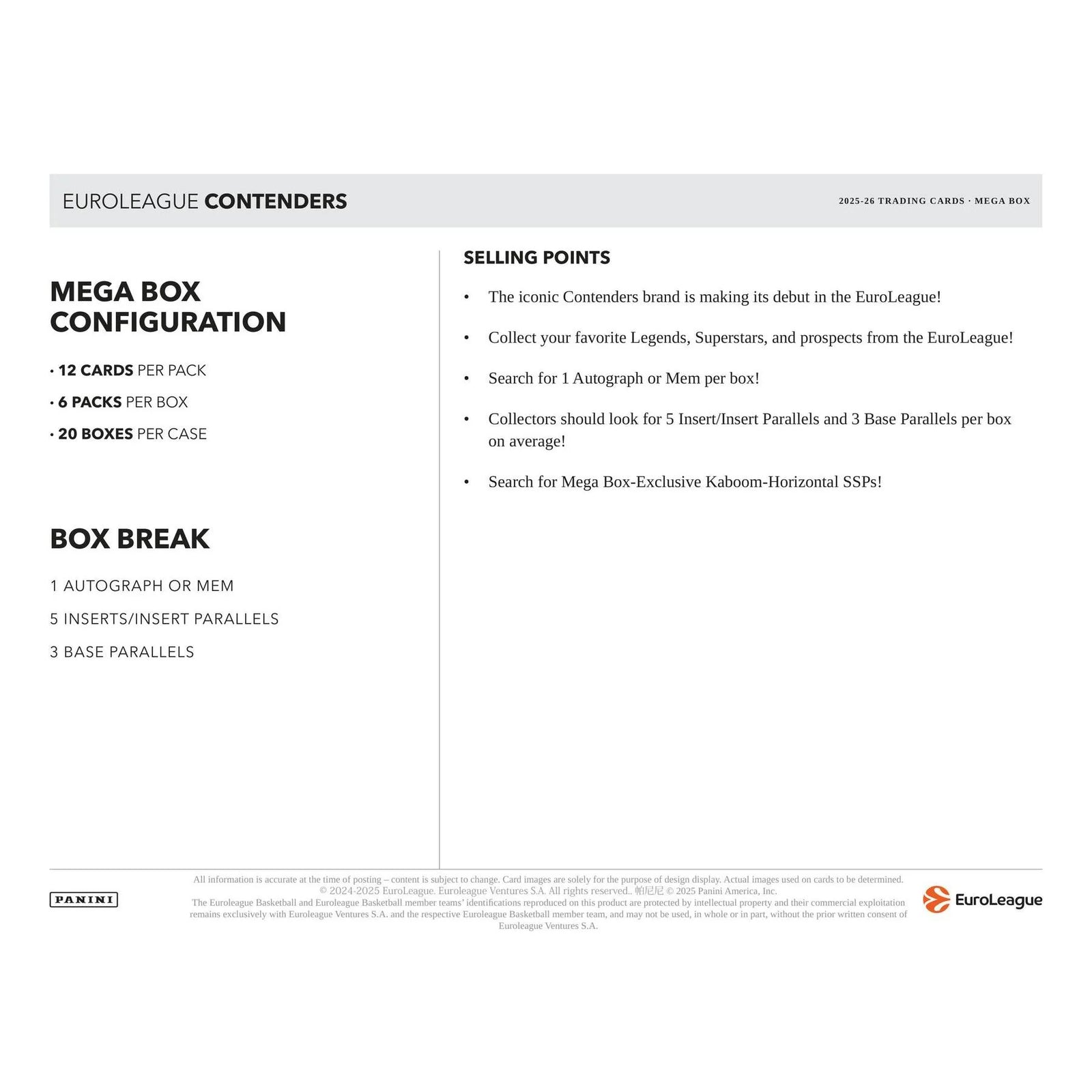 DRAFT - New 2025/26 Panini Contenders EuroLeague Basketball Mega Hobby 20-Box Case