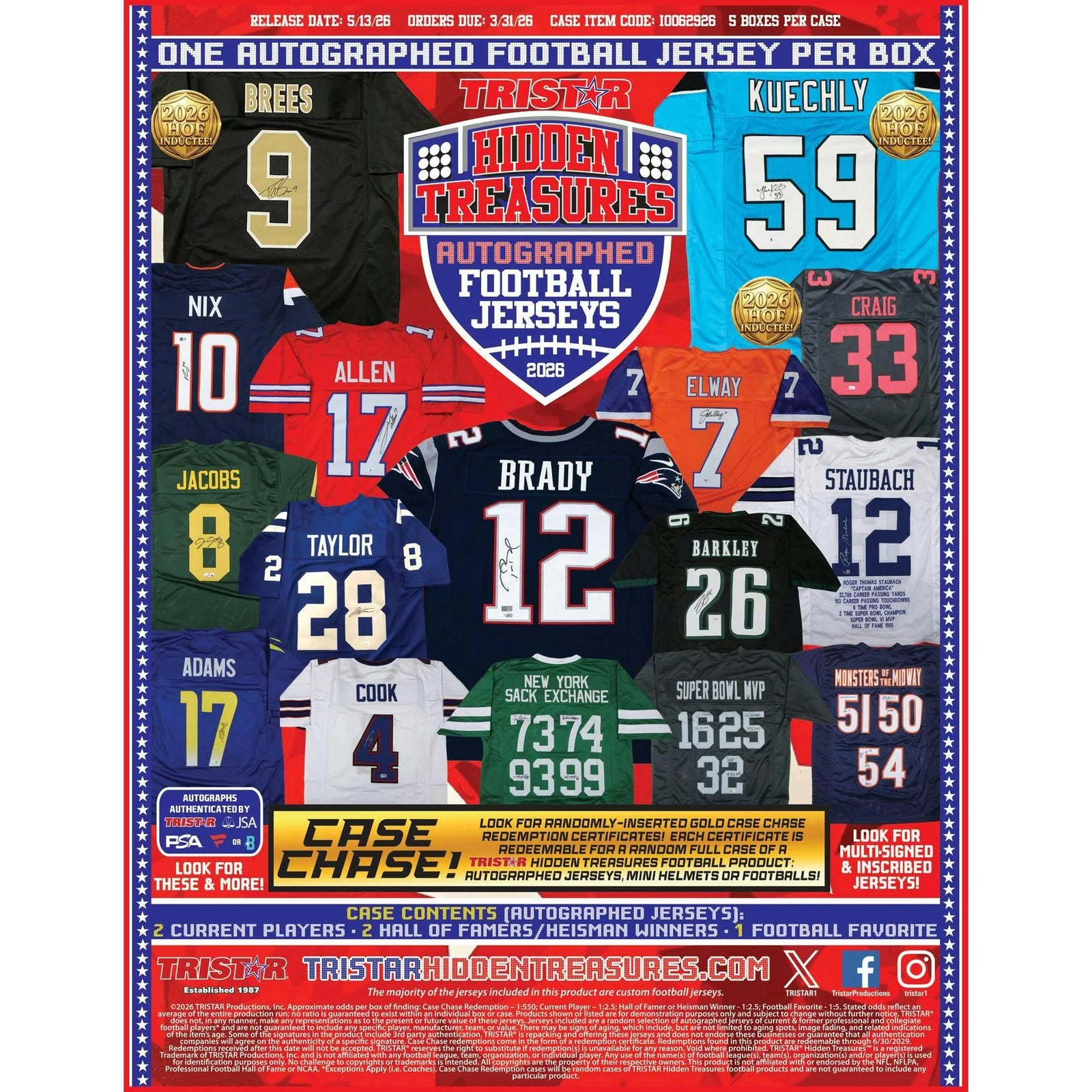 DRAFT - New 2026 TriStar Hidden Treasures Autographed Football Jersey Hobby 5-Box Case