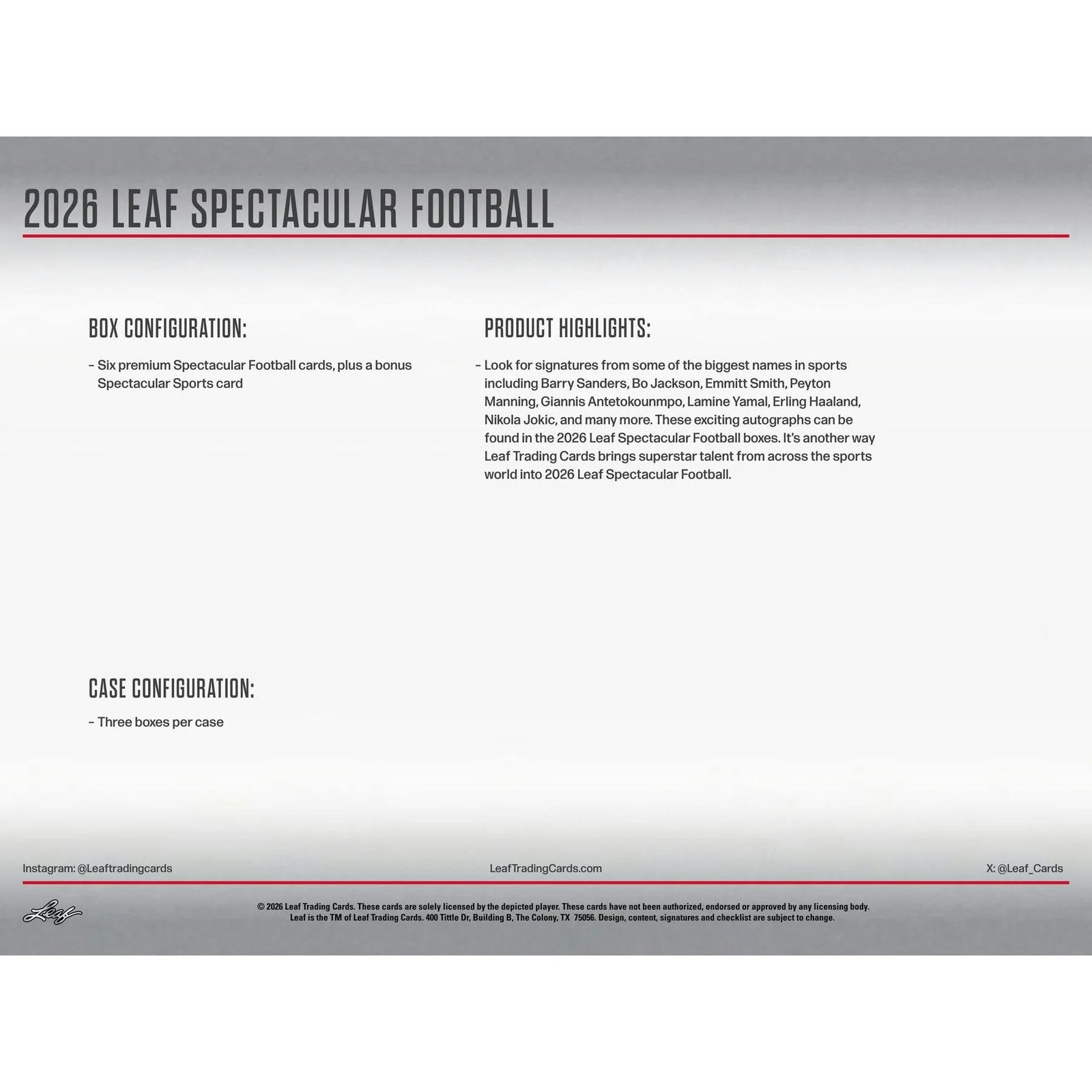 DRAFT - Presell 2026 Leaf Spectacular Football Hobby Box (Presell) Releases Jun. 10th, 2026