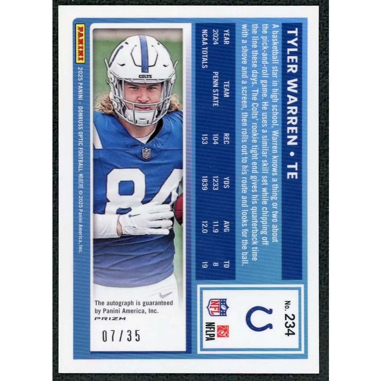 Tyler Warren 2025 Panini Donruss Optic Rated Rookie | Black Pandora Auto/35 #234