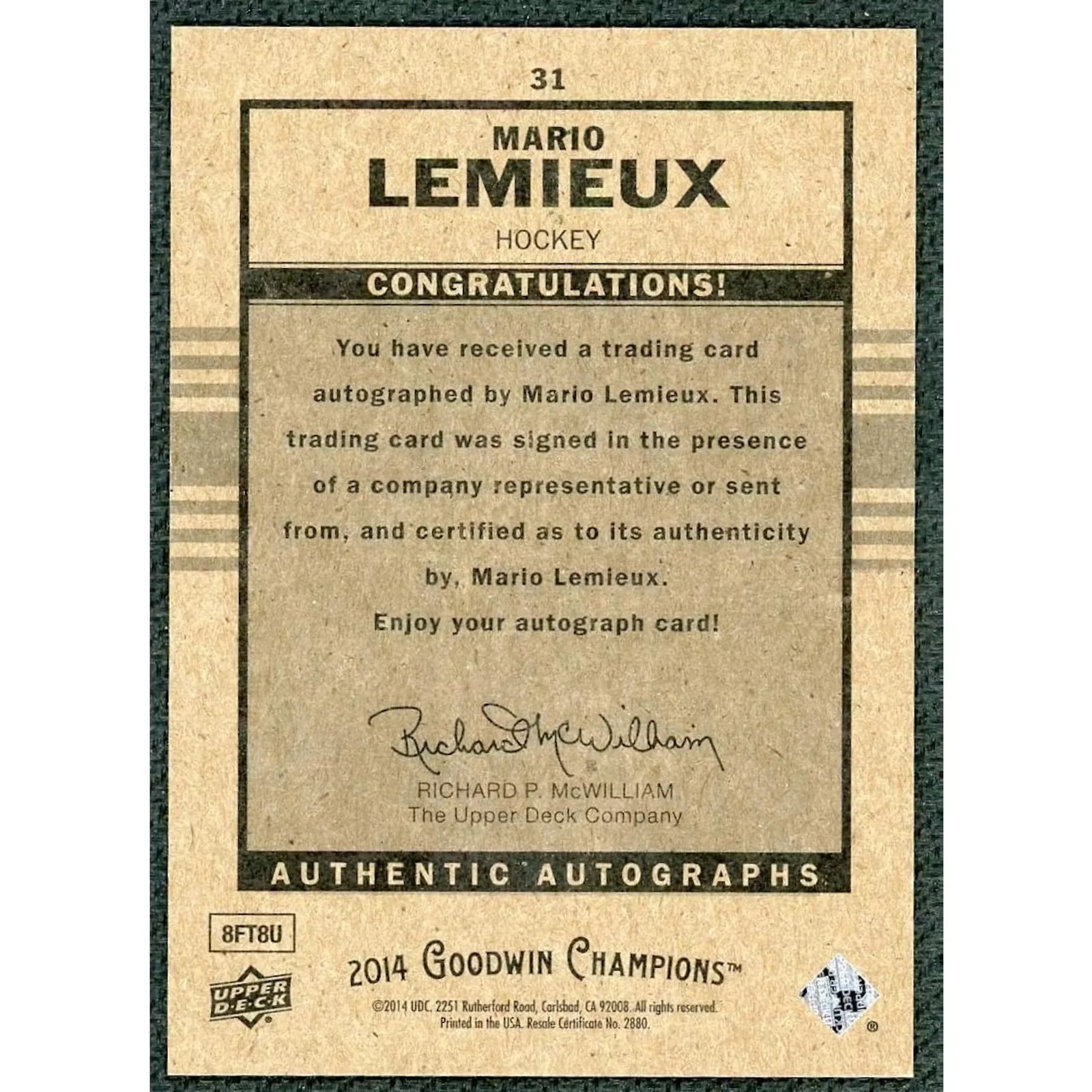 Mario Lemieux Signed 2014 Upper Deck Goodwin Champions Card #31