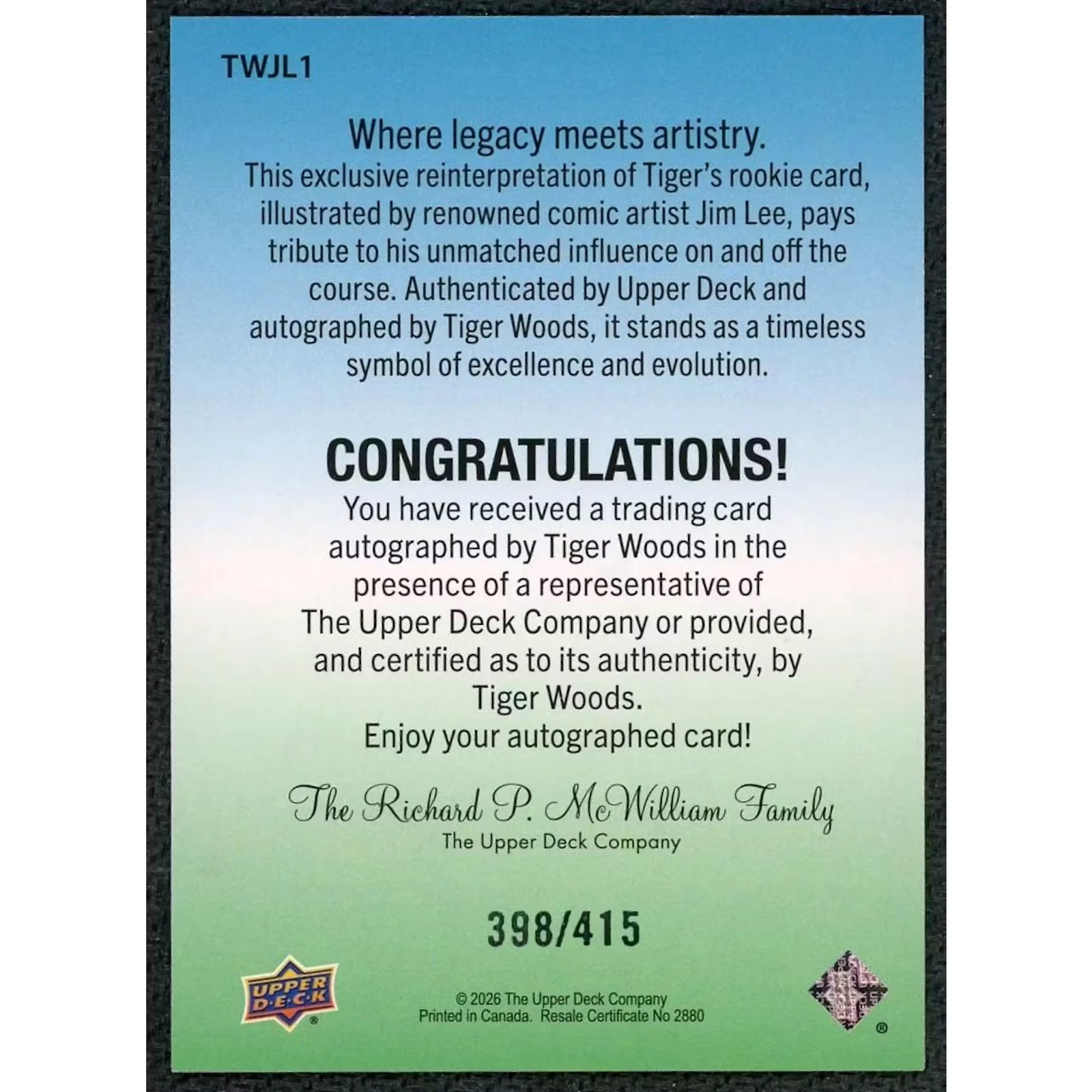 Tiger Woods 2026 Upper Deck TGR Foundation Jim Lee Sketch |/415