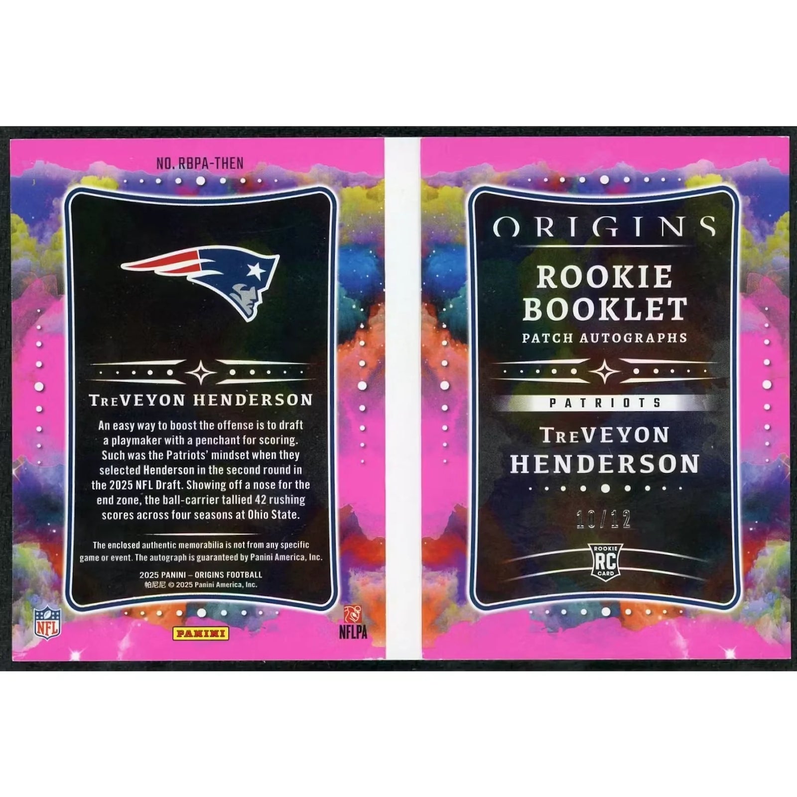 TreVeyon Henderson 2025 Panini Origins Rookie Booklet Patch Auto |/12